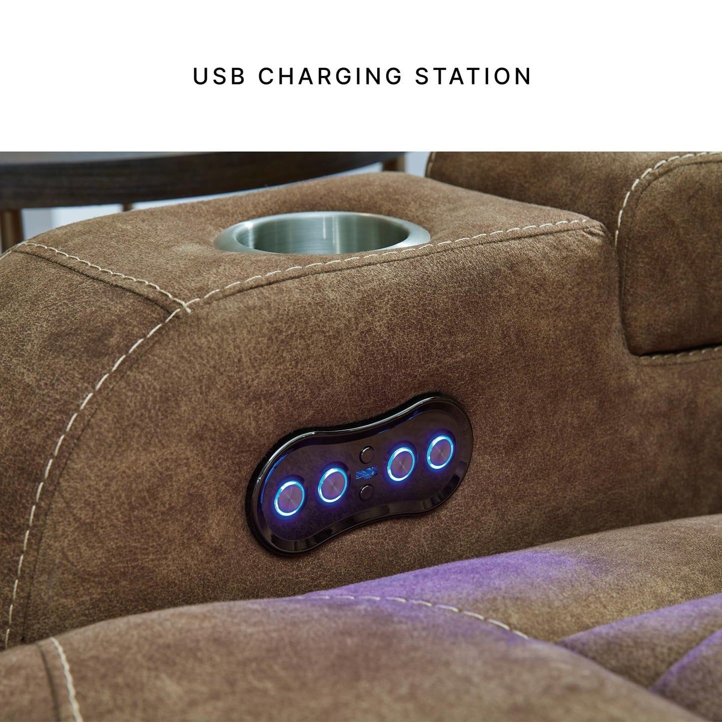 Signature Design by Ashley Wolfridge Contemporary Faux Leather Power Reclining Sofa with Drop Down Table, LED Lights, Electrical Outlet, Wireless Charging, USB Ports and Cup Holders, Light Brown
