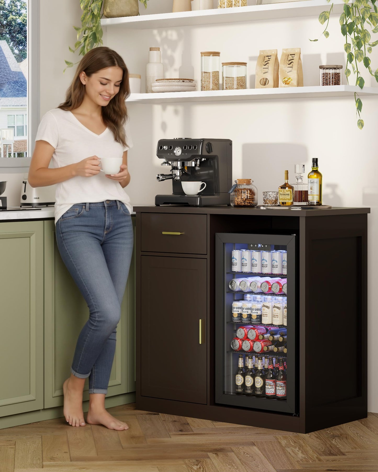 Otterease Bar Cabinet with Mini Fridge Space, Coffee & Wine Bar Cabinet with Drawer and Storage, Modern Liquor Cabinet & Buffet Sideboard for Living Room, Dining Room or Home Bar, Brown