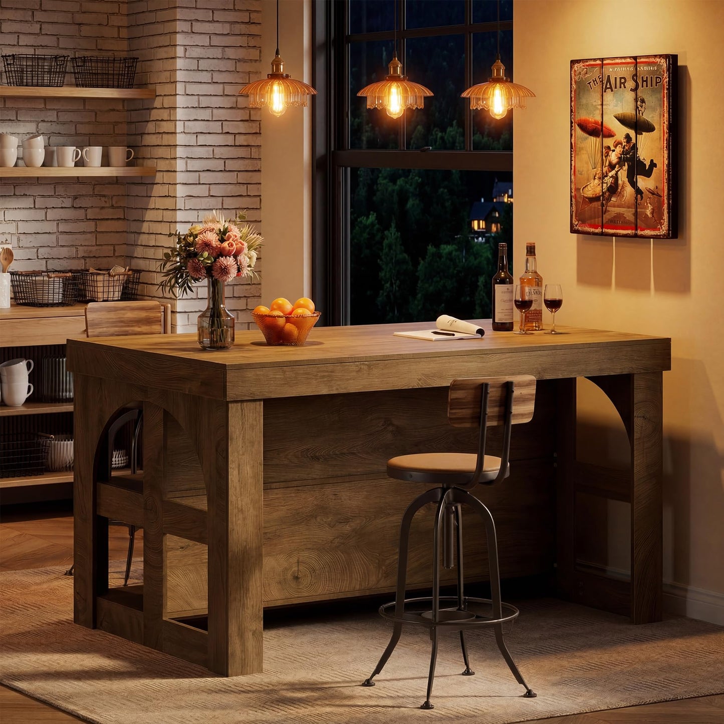 LITTLE TREE Kitchen Island with Storage, 55-Inch Large Stationary Center Island with Seating Space & 3 Shelves, Farmhouse Wooden Bar Table for Kitchen, Rustic Brown