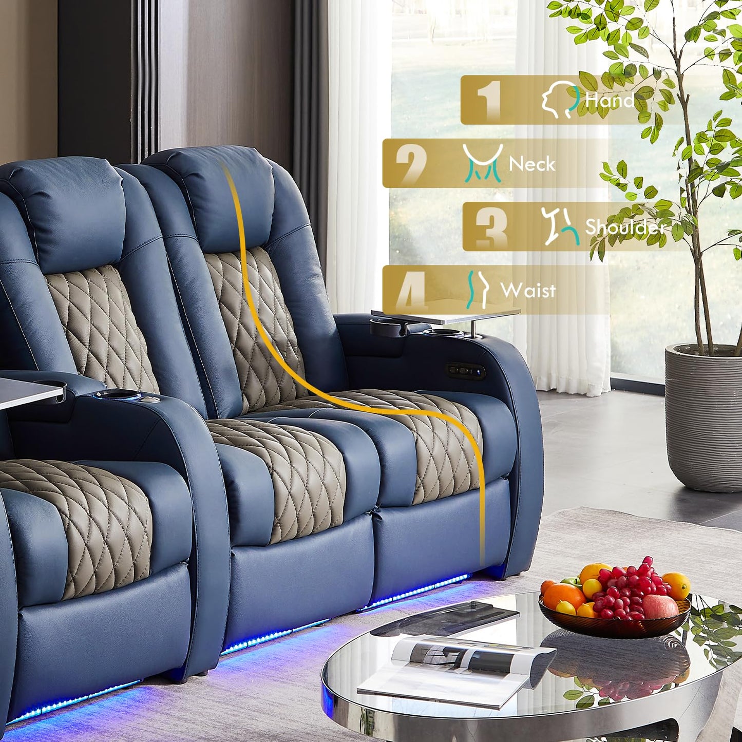 Weilianda Home Theater Seating, Top Grain Leather Zero Gravity Recliner Chair, Power Headrest Recline Movie Seat Gaming 7 Colors Mood Light Sofa with Tray Table Row of 1 Blue Grey
