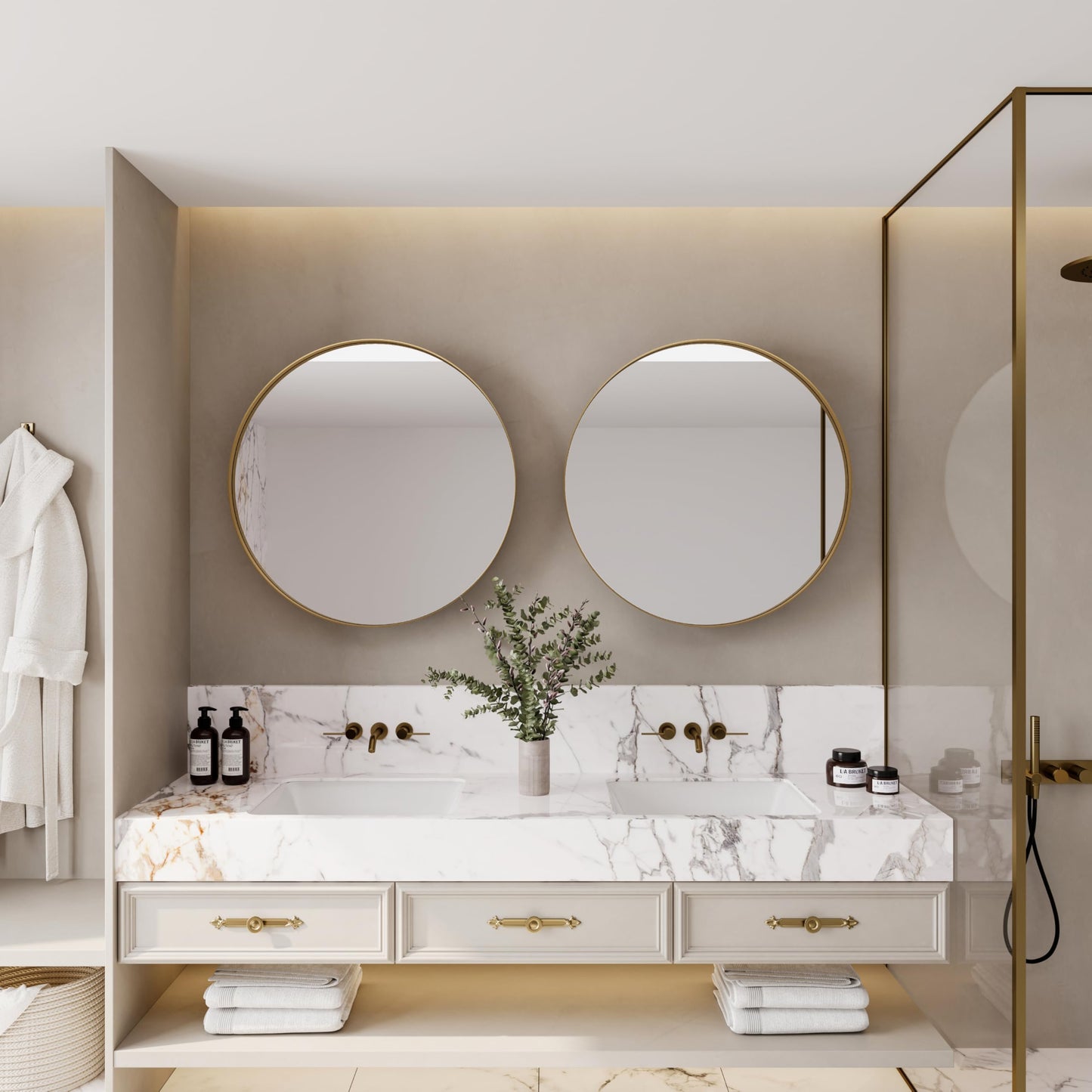 ApilithHive 31.5 Inch Round Gold Metal Framed Medicine Cabinet with Mirror, Adjustable Tempered Glass Shelves, Surface Mount, Modern Bathroom Wall Storage