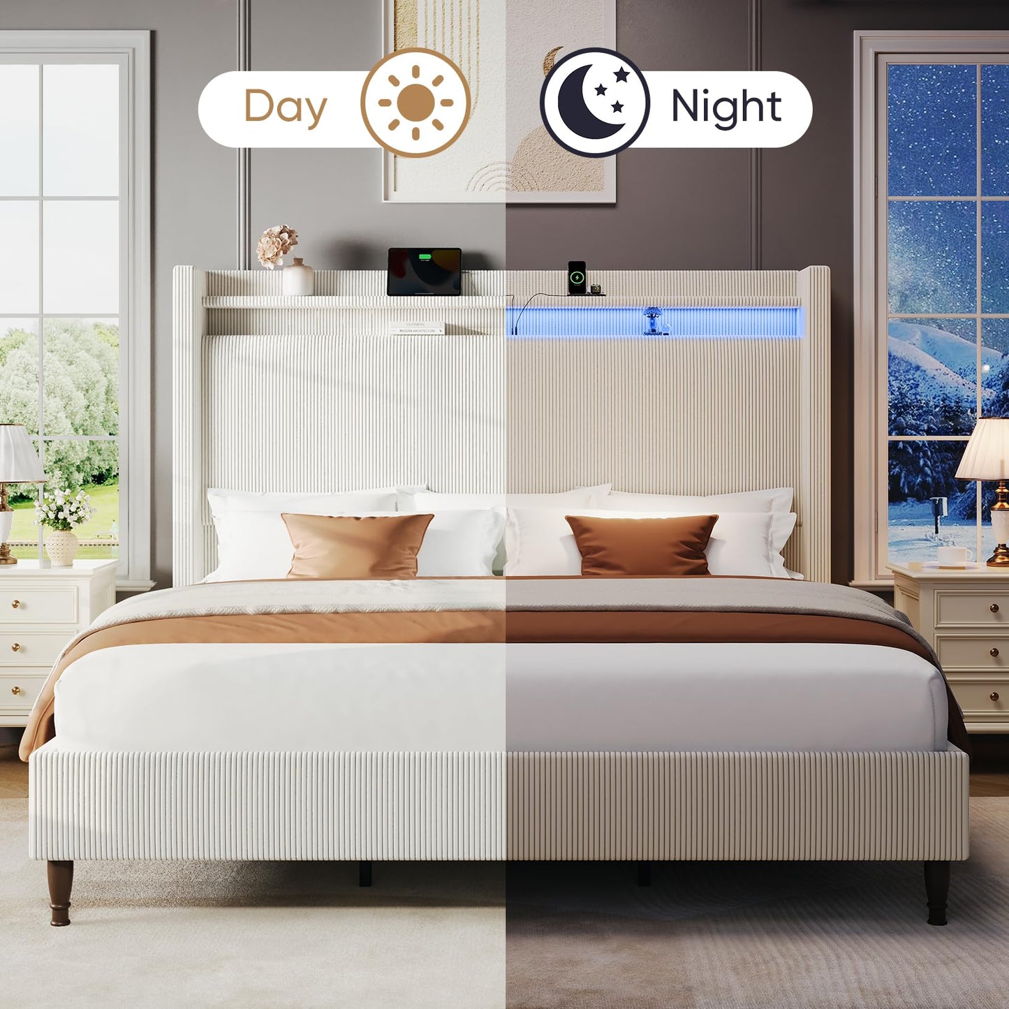 King Size Bed Frame with Tall Headboard, 55.3" Upholstered Platform King Bed Frame, Elegant Corduroy Wingback Bed with LED Lights & Charging Station, No Box Spring Needed, Solid Wood Slats, Cream
