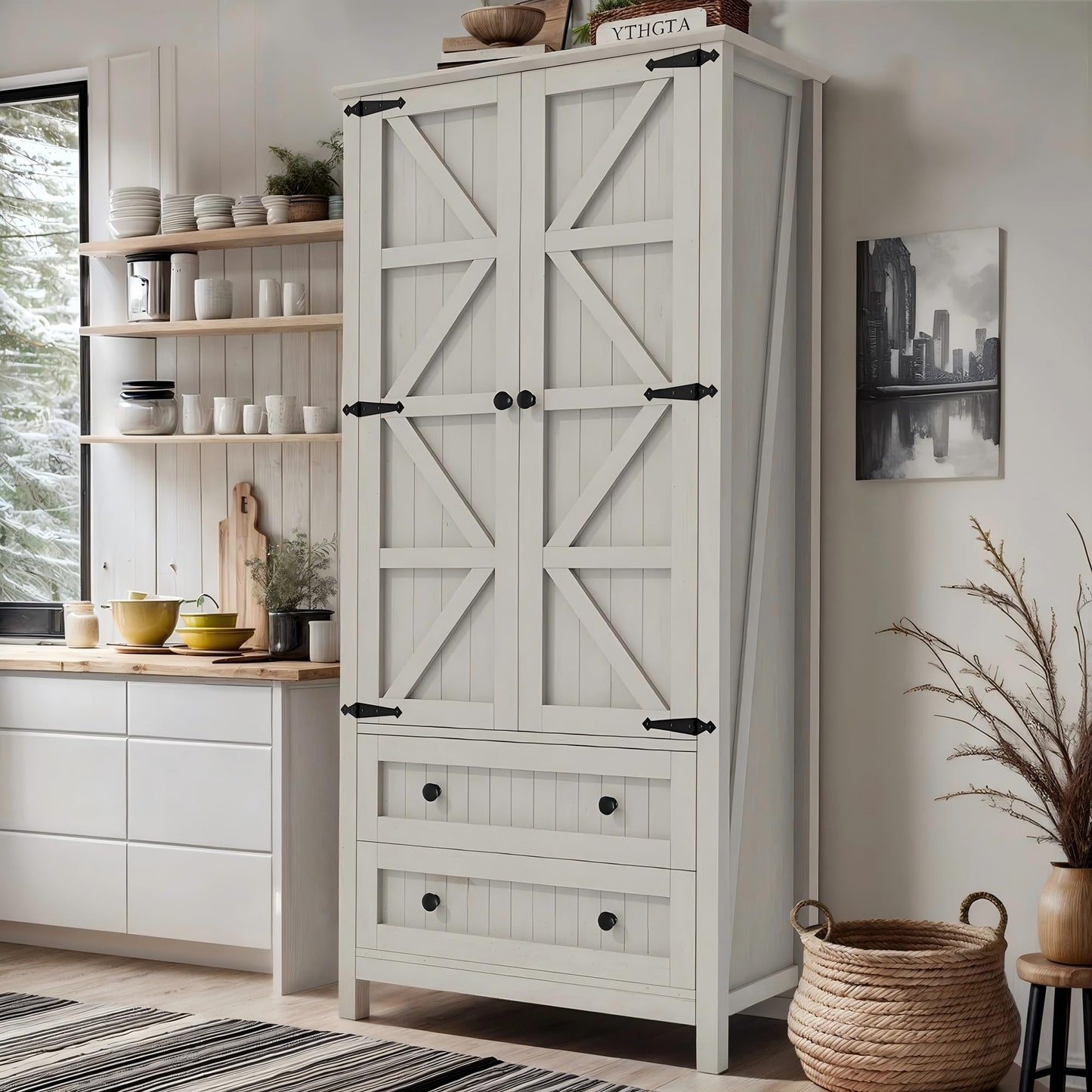 DWVO 64.5" H Kitchen Pantry Cabinet, Storage Cabinet with Barn Doors, 2 Drawers and Adjustable Shelves, Farmhouse Cupboard for Dining Room, Living Room, Bathroom, Off White