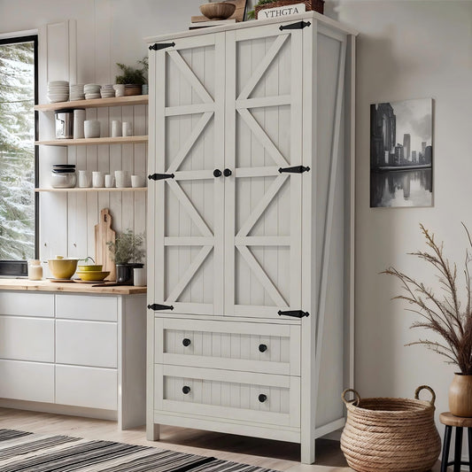 DWVO 64.5" H Kitchen Pantry Cabinet, Storage Cabinet with Barn Doors, 2 Drawers and Adjustable Shelves, Farmhouse Cupboard for Dining Room, Living Room, Bathroom, Off White