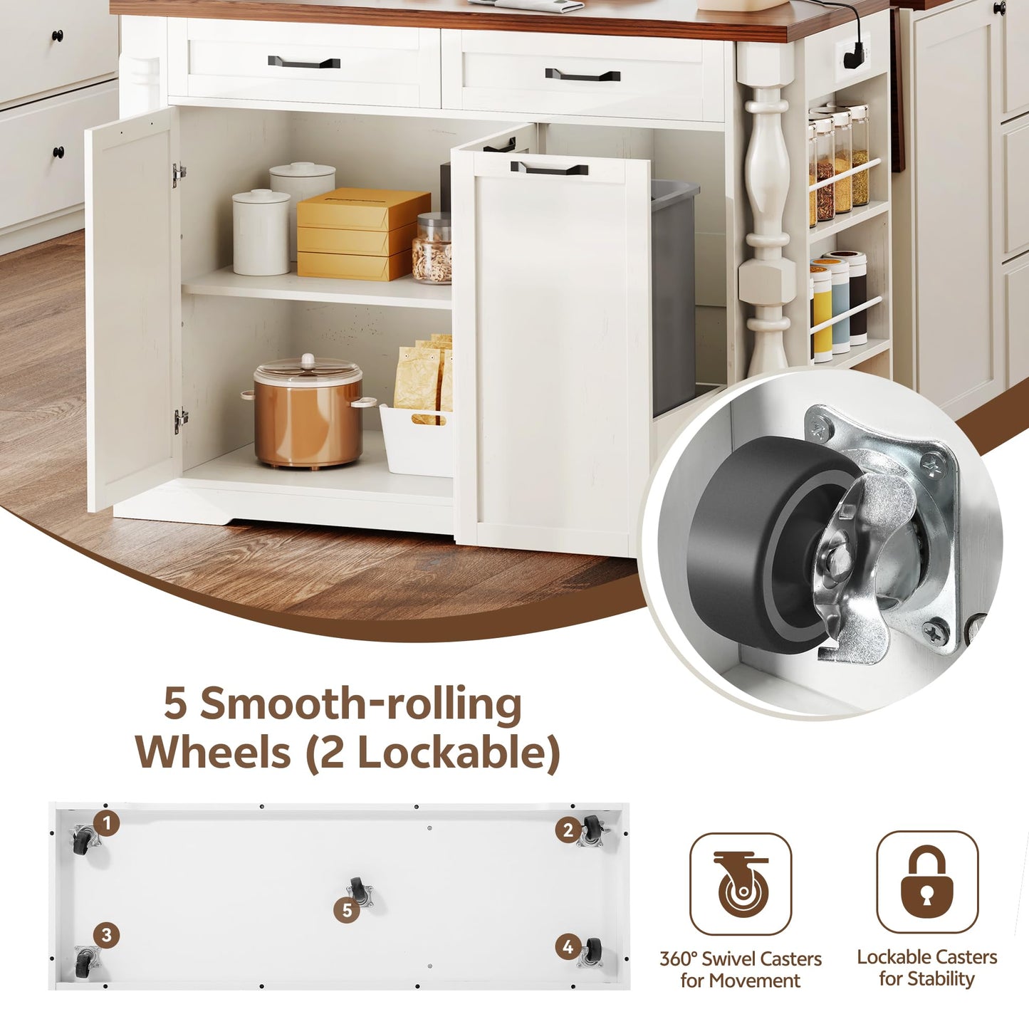 Homiflex Kitchen Island on Wheels, Islands Table with Power Outlet & Trash Cabinet, 47.6" Roman Kitchen Island with Drop Leaf Tabletop, Coffee Cart with Spice Rack & Drawers & Cabinets Rolling Islands