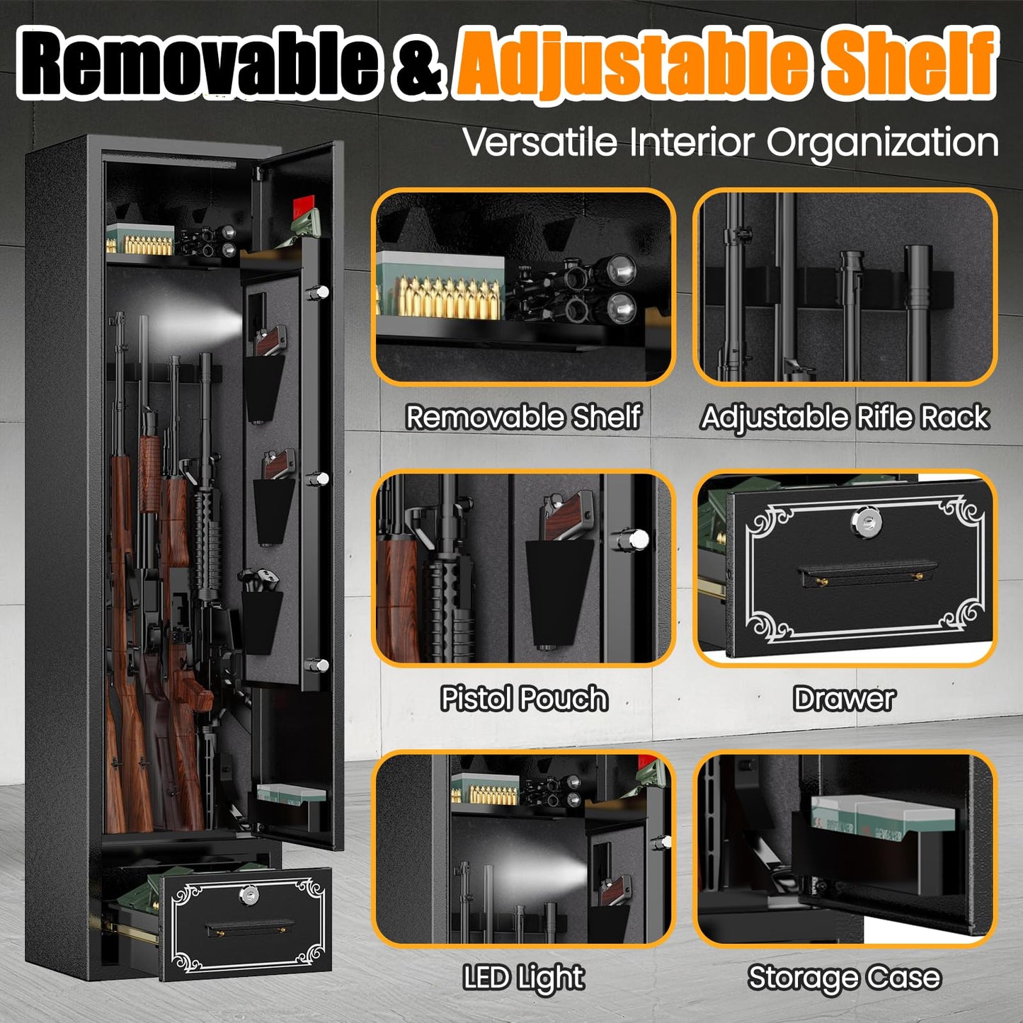 Assembled 22 Gun Safe for Rifle and Pistols, 6 Rifle Safes for Home, Shotgun Safe Long Gun Cabinet for Firearm with Drawer, Removable Shelf & Gun Rack