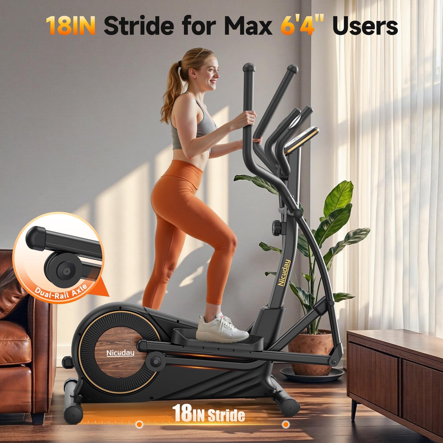 Niceday Elliptical Exercise Machine, Elliptical Machine for Home Use, Magnetic Elliptical Trainer with 18IN Stride, 16 Resistance Levels, 400LBS Loading Capacity, Support Kinomap APP Black