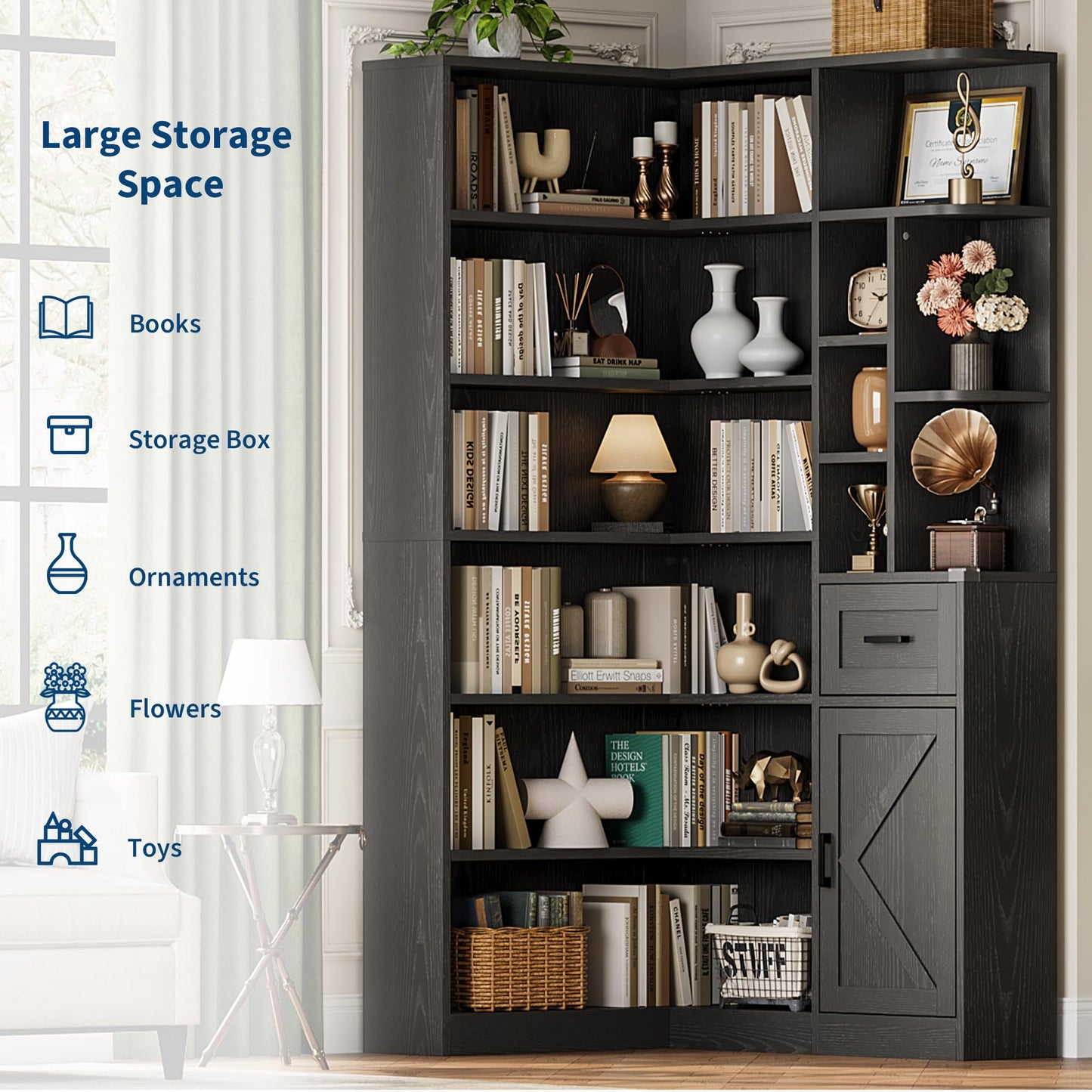 Garvee 74'' Tall Corner Bookshelf - 6-Tier Book Shelf with Drawer and Cabinets, l-Shaped Bookcase Open Storage Shelves Modern Display Shelf for Home, Office