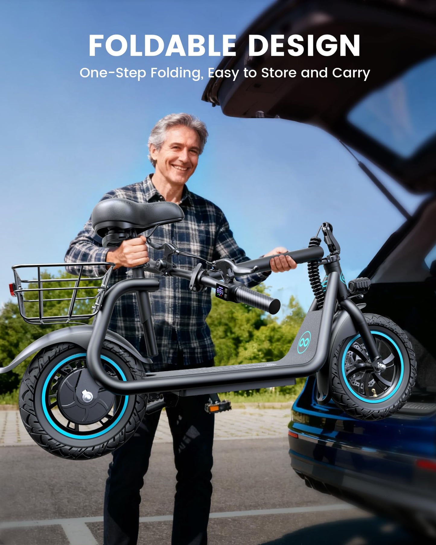 AWWSCOOTER C1 Electric Scooter with Seat for Adults, 450W Motor, 20-Mile Range, 16 MPH, Foldable Commuter E-Scooter with Basket for Grocery, Pets, and Daily Commute–Professional Black