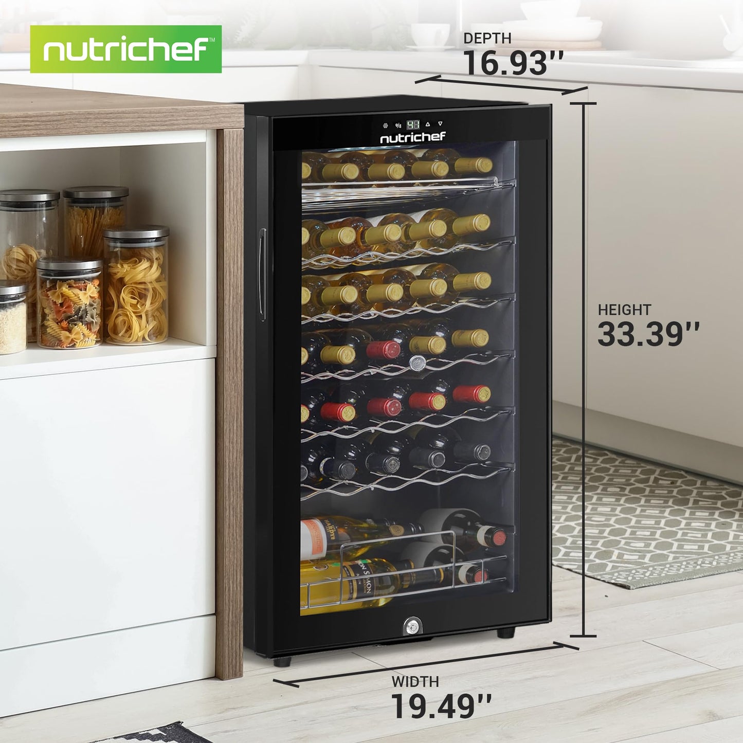 NutriChef PKCWC340 Wine Fridge, 34 Bottle Single Zone Beverage Chiller, 93.5L Capacity, 33x19x17 IN, Black