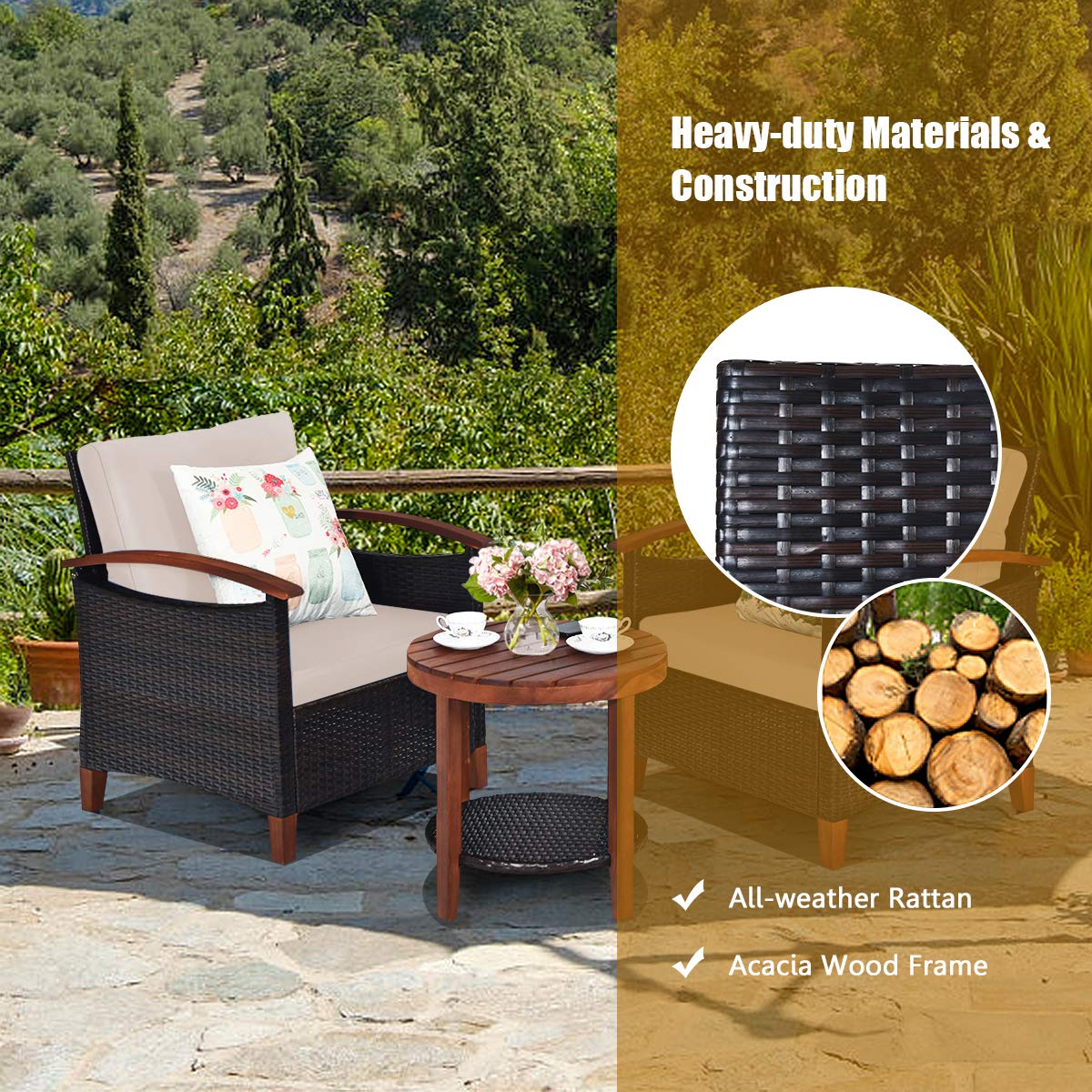HAPPYGRILL 3 Pieces Patio Conversation Set Outdoor Rattan Wicker Sofa Set with Cushion & Acacia Wood Frame, Coffee Table and Chairs Set for Garden Poolside Balcony