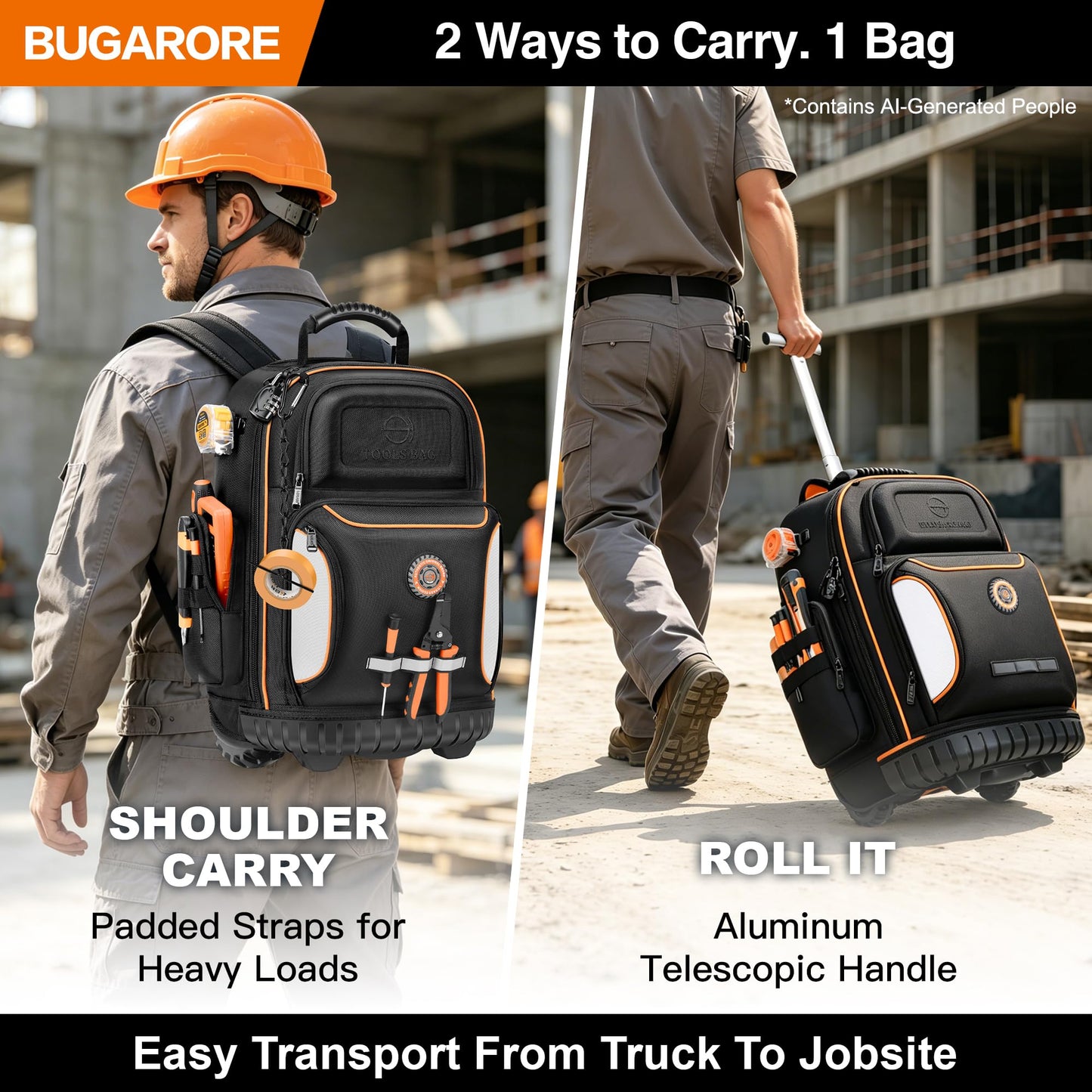 BUGARORE 16" Rolling Tool Backpack with Wheels, 75 Pockets Electrician Tool Bag for Construction HVAC, 1680D Waterproof, Molded Base & Combination Lock