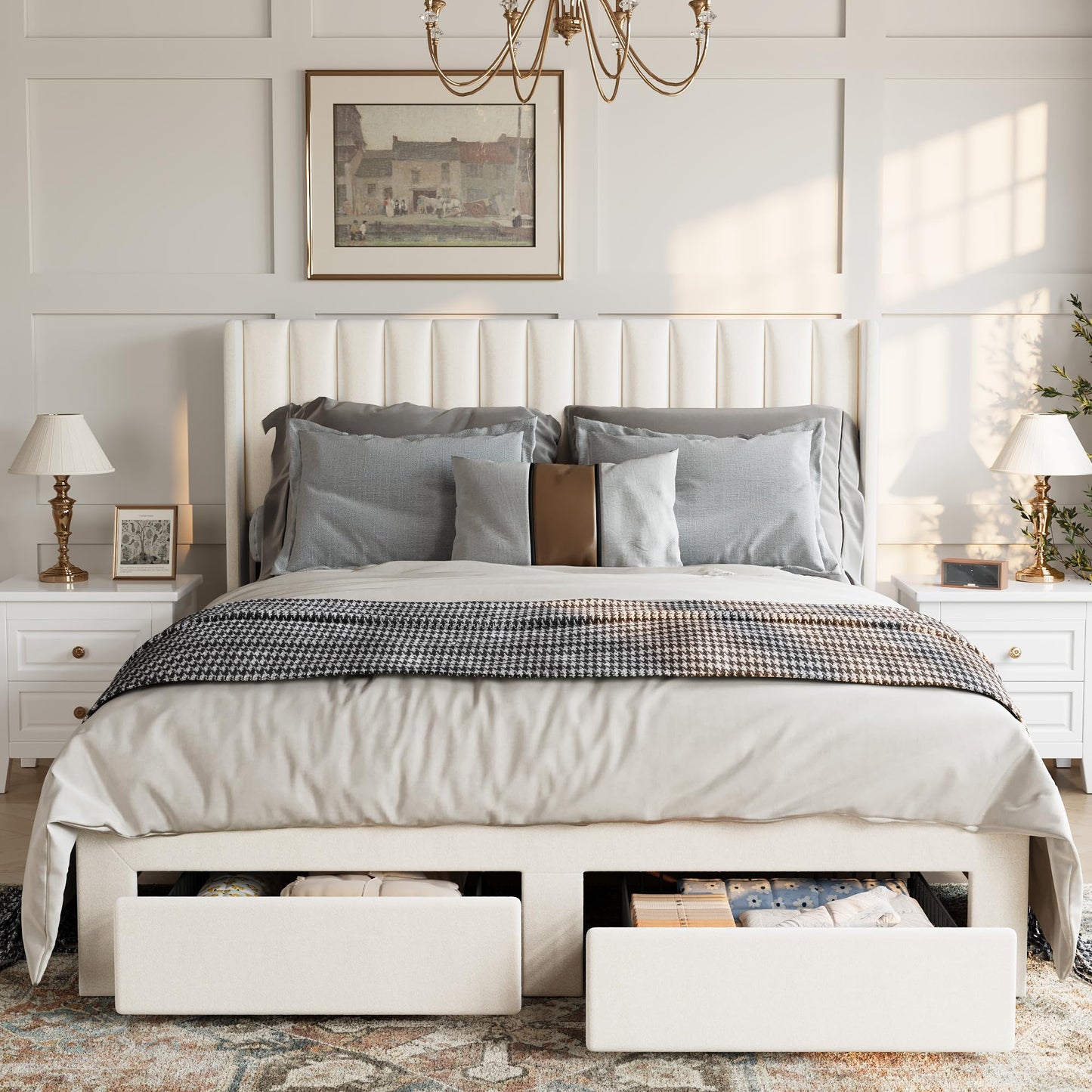 GarveeHome Queen Size Bed Frame, Bed Frame Upholstered Platform Bed with Velvet Headboard, Wing Edge Design, 2 Storage Drawers, No Box Spring Needed, Beige