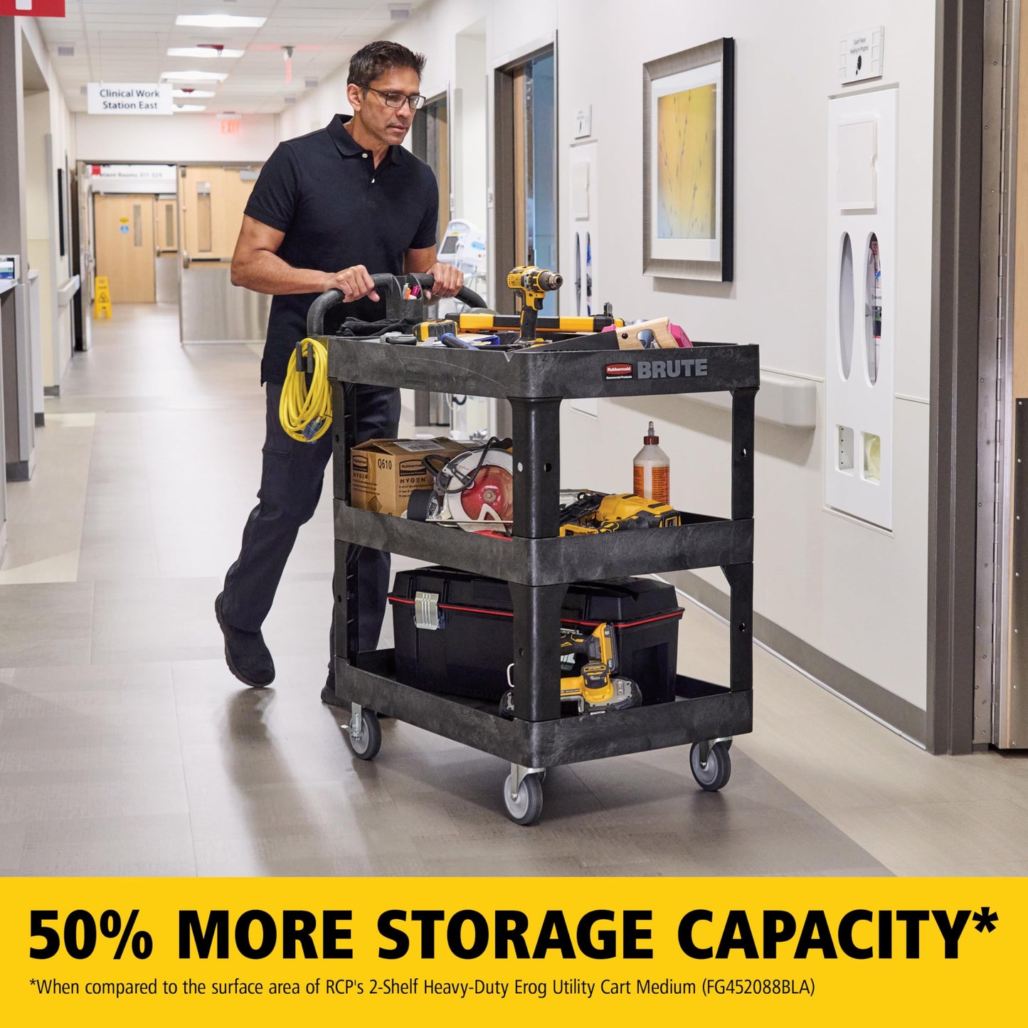 Rubbermaid Commercial Brute 3-Shelf Heavy-Duty Utility/Service Cart, Medium, High Storage, Lipped Shelves, Ergonomic Handle, 600 lb. Capacity, Ideal for Warehouse/Garage/Cleaning/Maintenance/Office