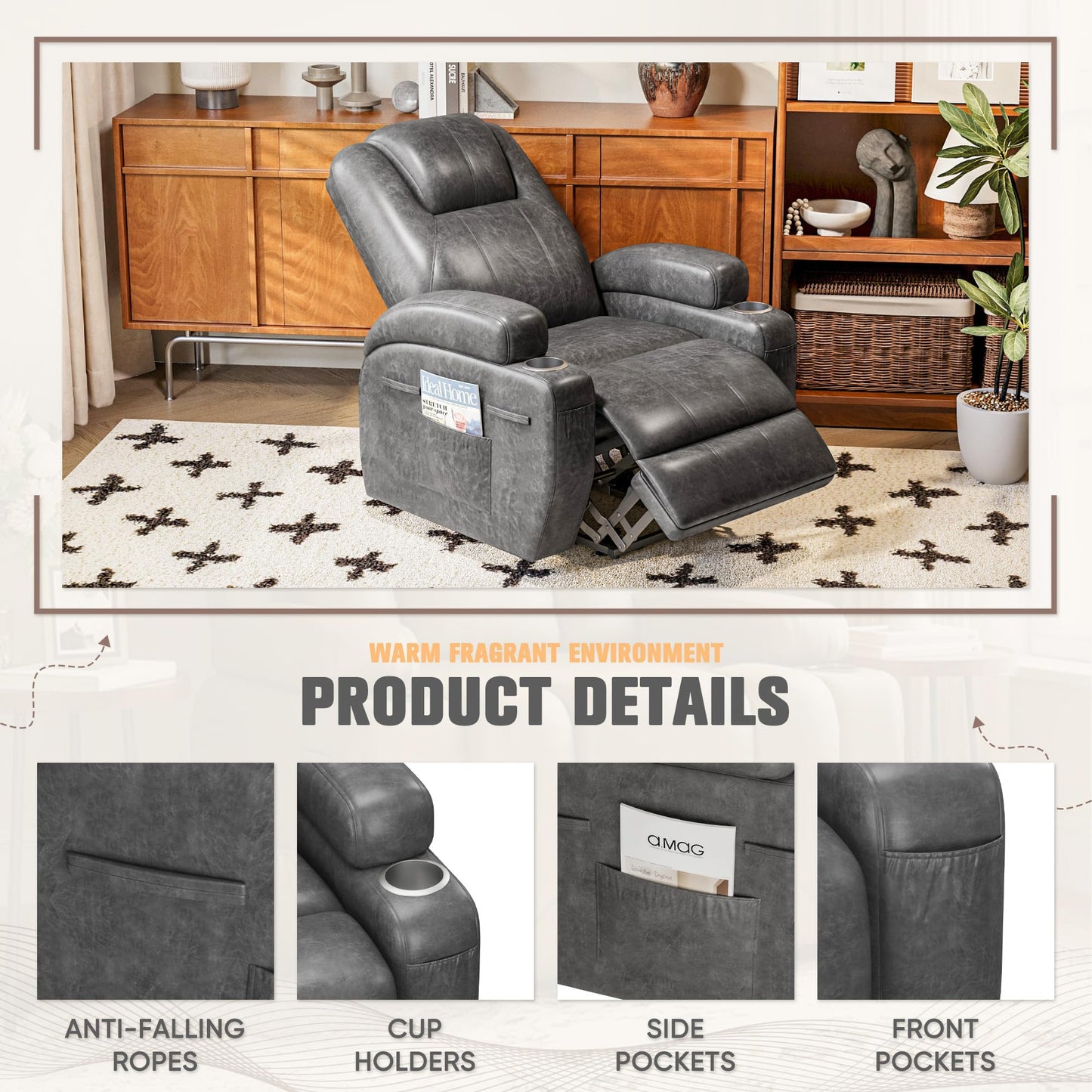 Flamaker Power Lift Recliner Chair Electric Lift Recliner for Elderly Power Lift Recliner Chair with Cup Holders Side Pockets for Living Room (Leathaire, Light Black)