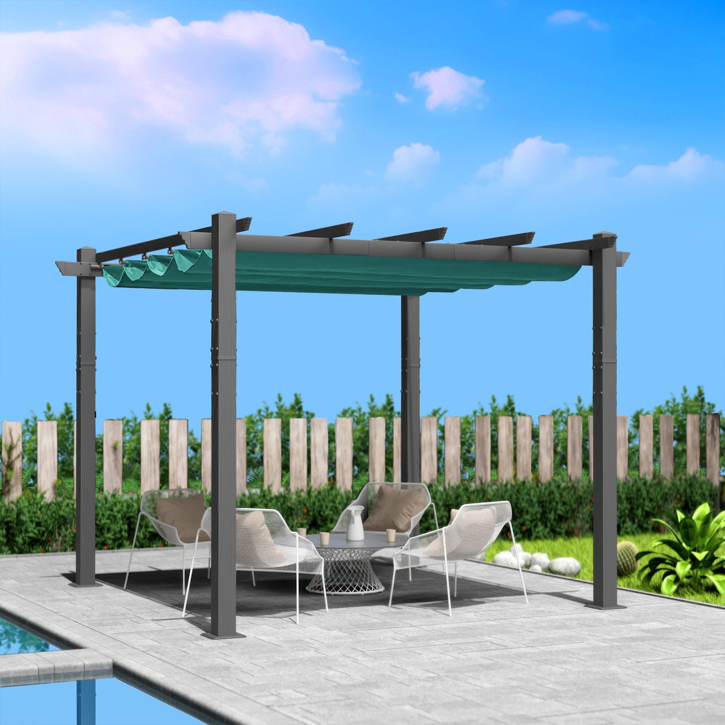 Kozyard Morgan Outdoor Retractable Pergola with Sun Shade Canopy Patio Aluminum Pergola Shelter for Backyard Deck Garden Modern Metal Grill Gazebo (10' x 10', Blue)
