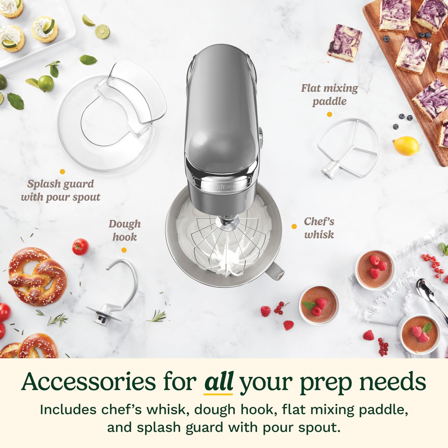 Cuisinart Stand Mixer, 12 Speeds, 5.5-Quart Mixing Bowl, Chef's Whisk, Flat Mixing Paddle, Dough Hook, and Splash Guard with Pour Spout, Silver Lining, SM-50BCNAS, Silver Lining