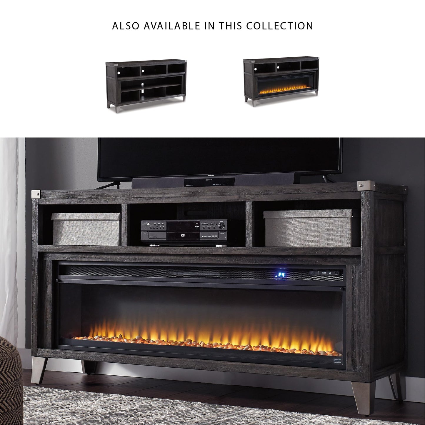 Signature Design by Ashley Todoe Industrial 65" TV Stand with Electric Fireplace for TVs up to 74", Gray