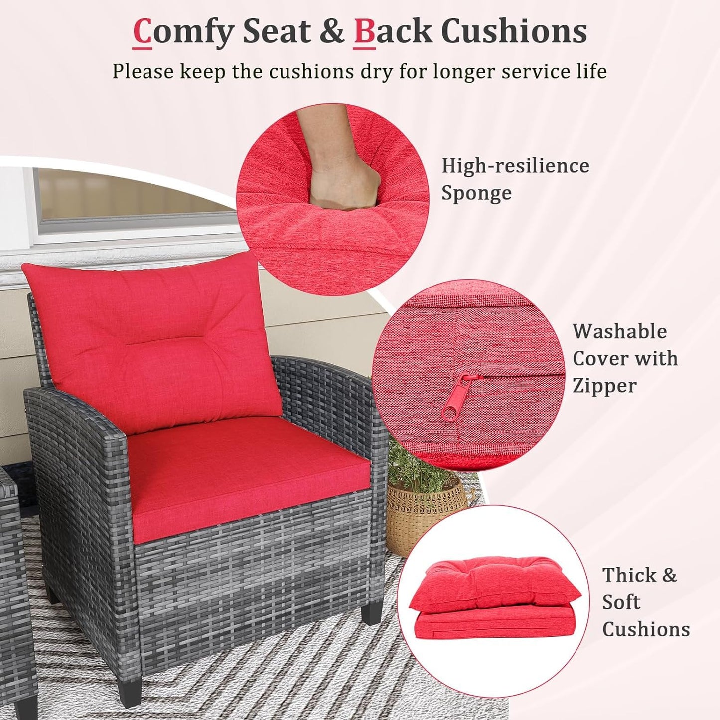 LDAILY Patio Furniture Set, 3 Pieces PE Rattan Wicker Patio Sofa Chairs with Washable Cushion & Glass Table, Outdoor Furniture Conversation Sets for Porch, Balcony, Garden, Poolside (Red)