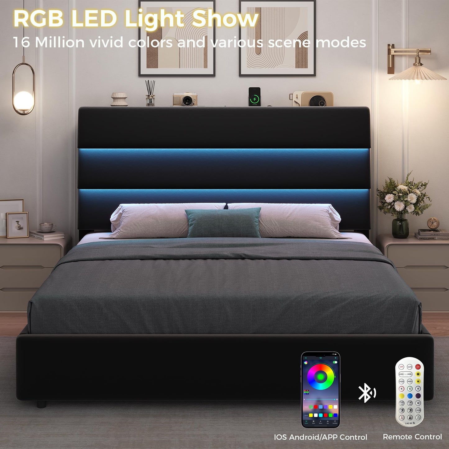 Jocoevol Full Size Bed Frame with 2 Storage Drawers and Headboard Shelf, Velvet Upholstered Platform Bed with LED Lights & Charging Station, Wooden Slats Support, No Box Spring Needed, Black