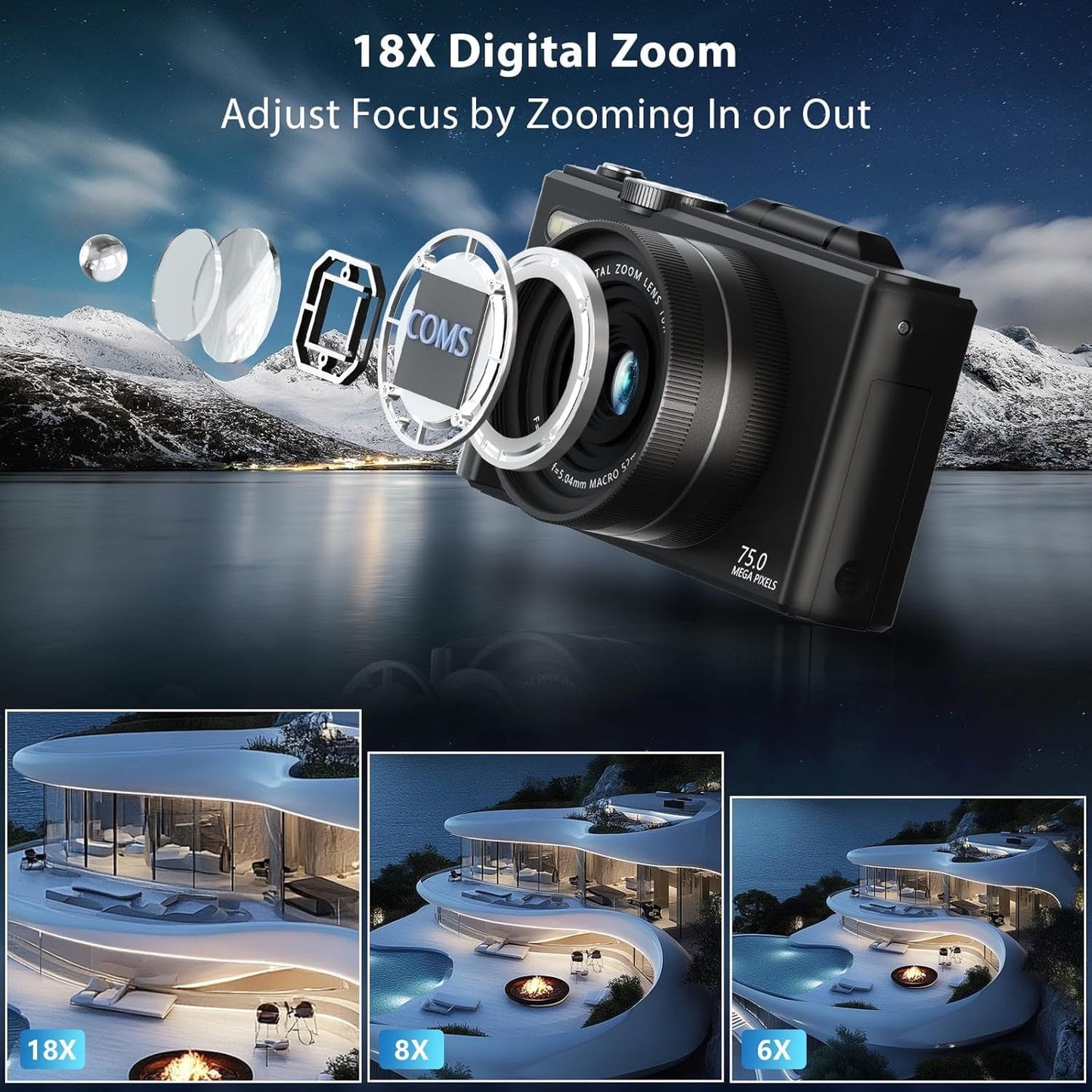 4K/5K Digital Camera – 75MP Vlogging Camera for YouTube, 180° Flip Screen, 18X Zoom, WiFi – Black Ultimate Kit with 64GB Card, 50" Tripod, Carrying Case, Macro/Wide Lens, Flash & Filters – Acuvar