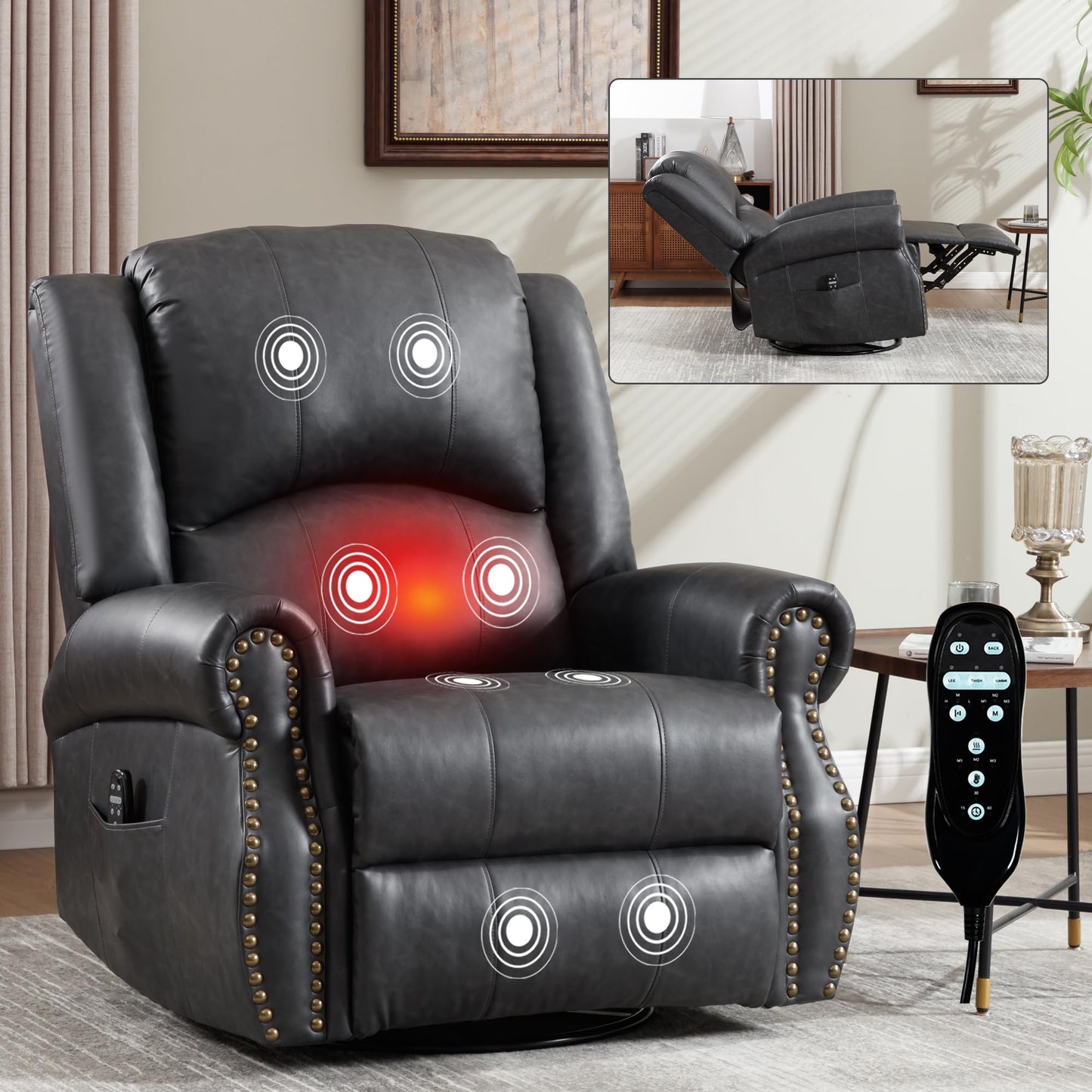 KEIKI Faux Leather Heat Massage Manual Recliner Chair with Square Arms and Cushion Back, for Elderly, Modern Style Oversized Swivel Reclining Sofa Chairs, Easy Assembly, for Living Room, Grey