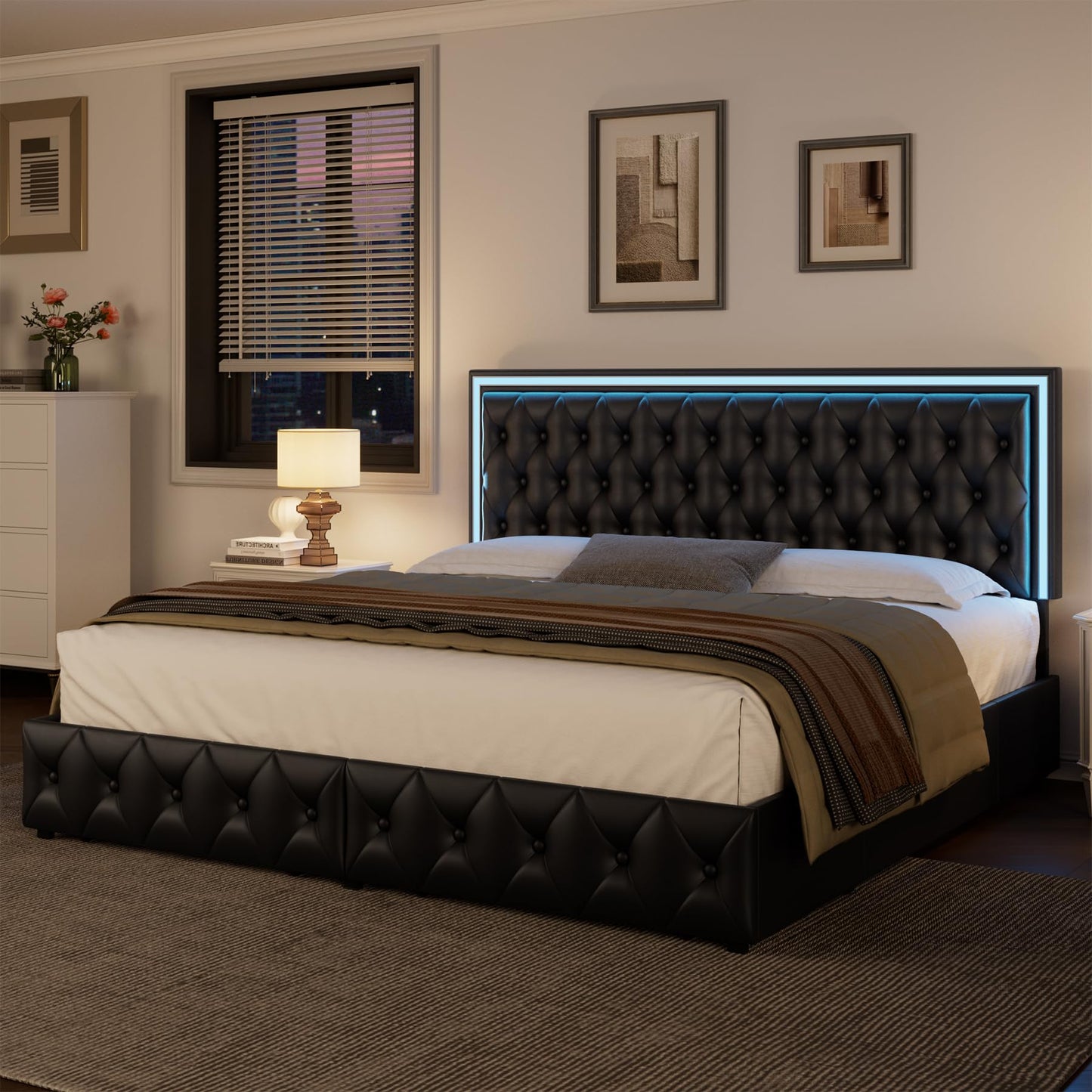 Keyluv Queen Size LED Bed Frame with 4 Storage Drawers and Adjustable Headboard, PU Leather Upholstered Button Tufted Modern Platform Bed, Solid Wooden Slats Support, Easy Assembly, Black