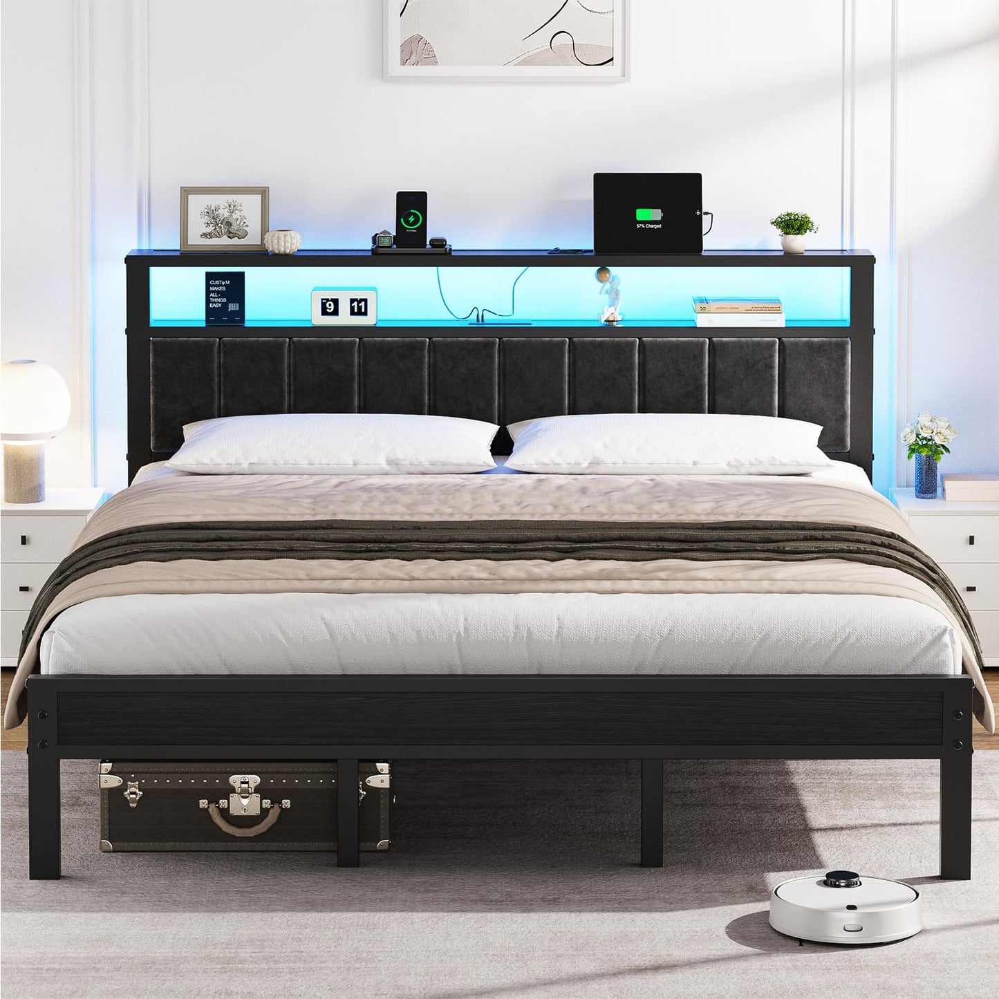 OLEVS King Bed Frame with Charging Station & LED Lights, Modern Platform Bed with Upholstered Storage Headboard, No Box Spring Needed Noise Free