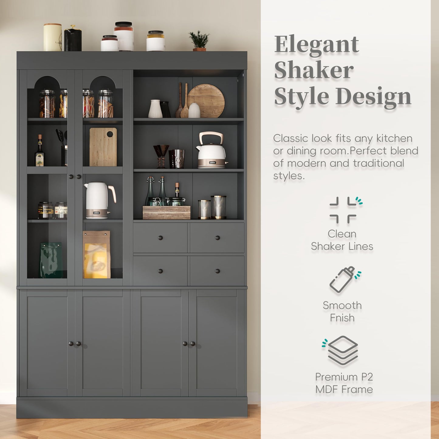 Merax Wood Kitchen Pantry with 4 Drawers, 3 Cabinets and Hutch, Tall Cupboard Dining Storage Cabinet with Door Shelves and Pull-Out Trays for Living Room, Kitchen, Dining Room Gray