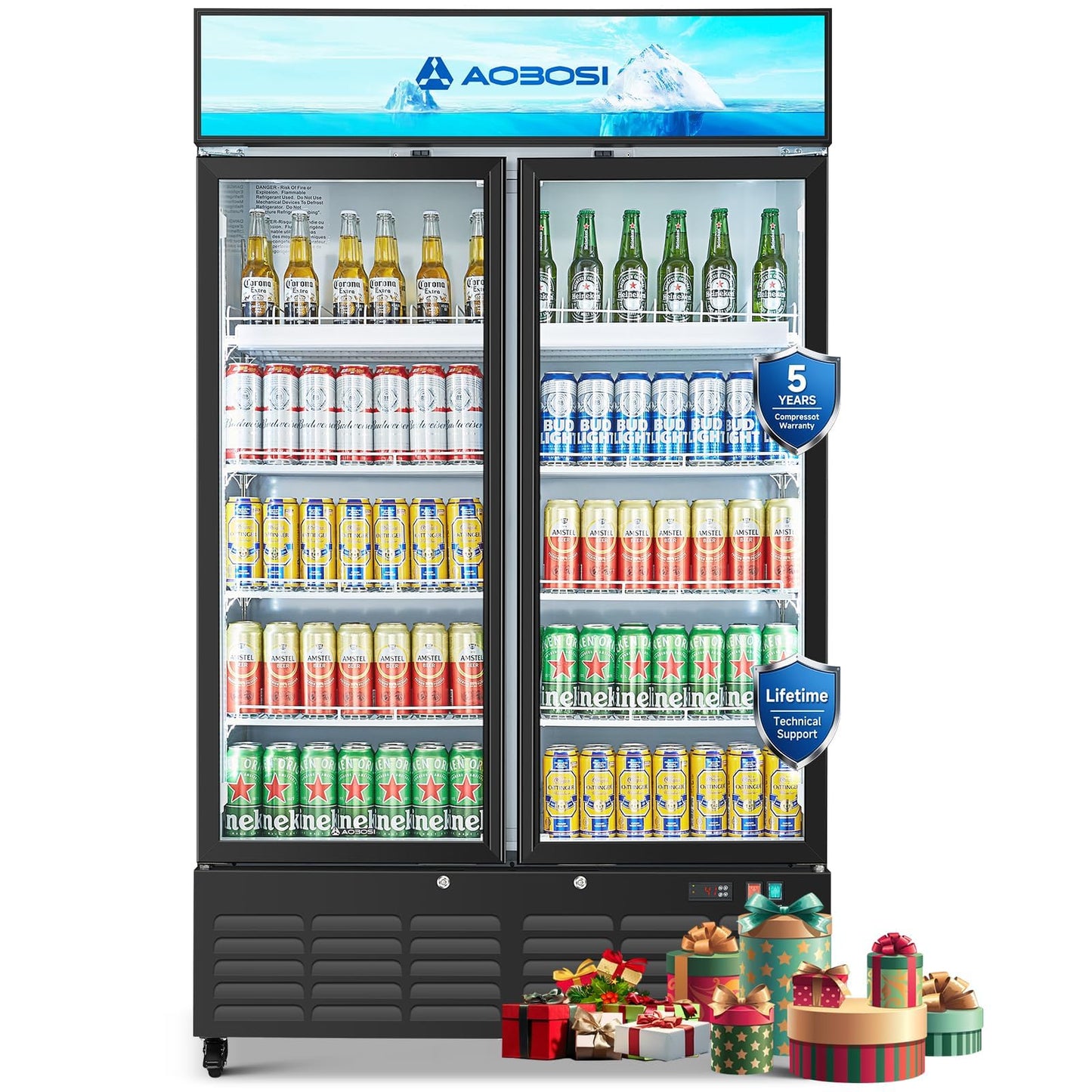 AAOBOSI 44”Commercial Merchandiser Refrigerator,27.02 Cu.Ft Glass Door Display Refrigerator,Upright Beverage Fridge with Soft LED Light,Customizable Lightbox,Universal Casters,Adjustable Shelves