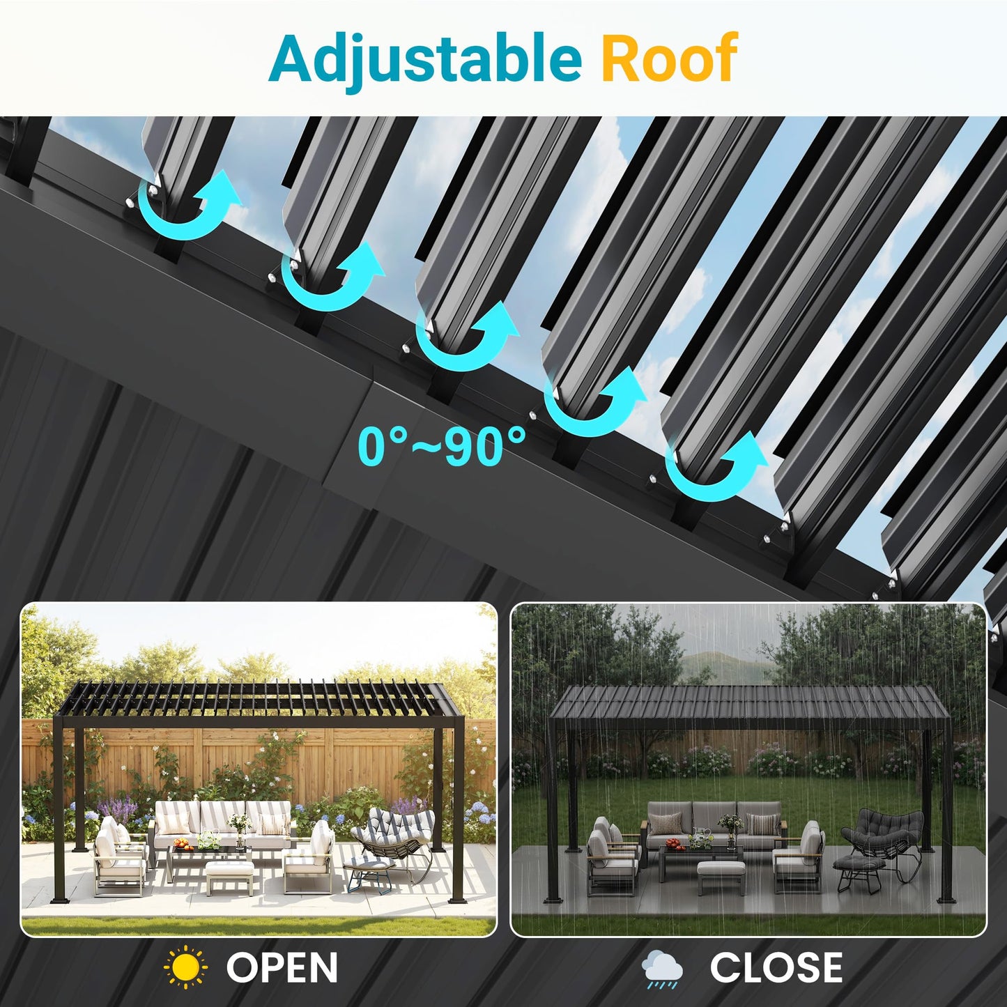 Louvered Pergola, 12' x 16' Outdoor Pergola, Metal Patio Gazebo with Adjustable Louvers Roof and Gutter System, Metal Hardtop Gazebo for Patio, Backyard, Deck, Garden, Dark Gray