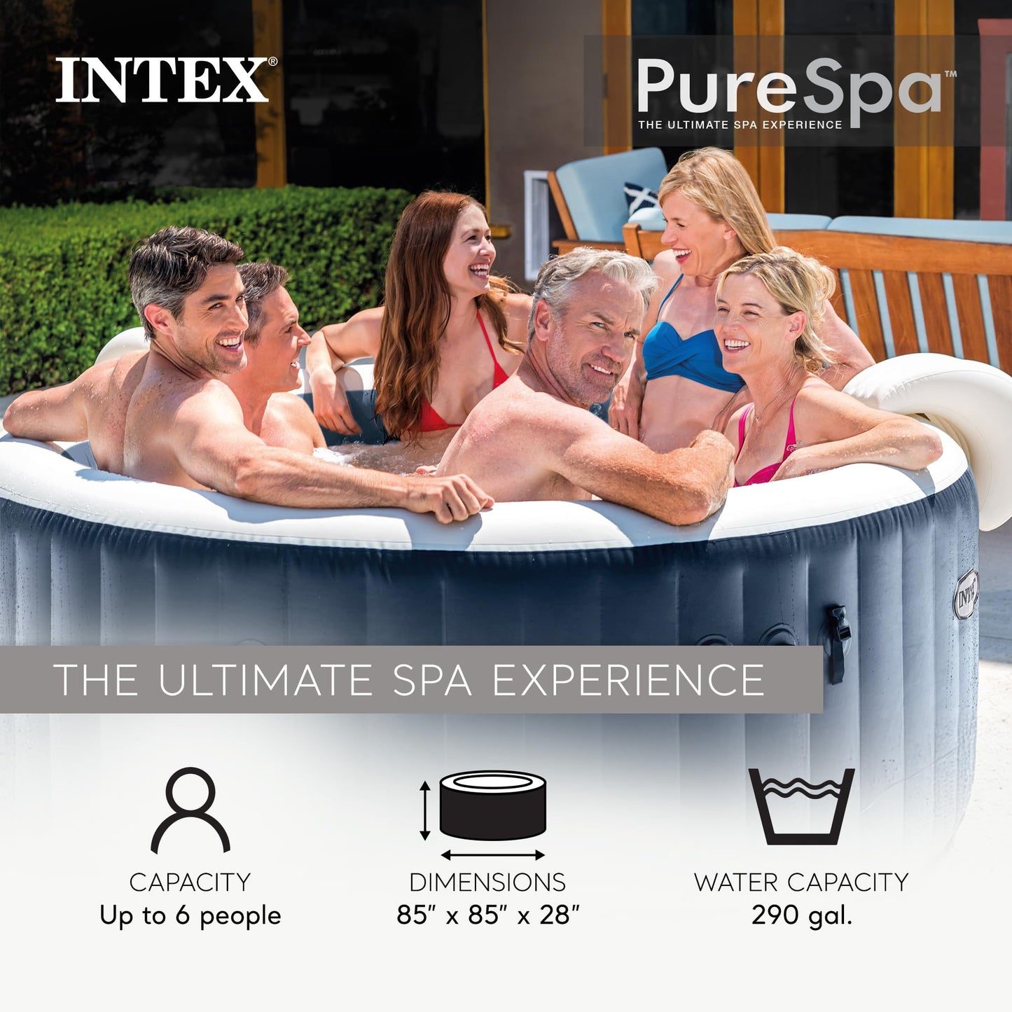 INTEX PureSpa Plus 6 Person Round Inflatable Hot Tub, Bubble Massage Spa Set with Energy Efficient Cover, 2 Headrests, & LED Light, 85 in x 28 in