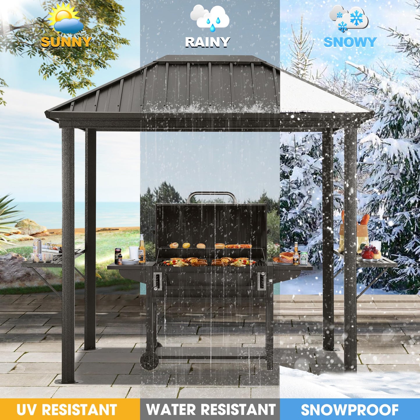 ABCCANOPY 6x8 Grill Hardtop Gazebo - Outdoor Permanent Barbecue Gazebo with Galvanized Steel Roof, Aluminum BBQ Canopy with Shelves for Patio, Lawn, Garden (Single Roof, Gray)