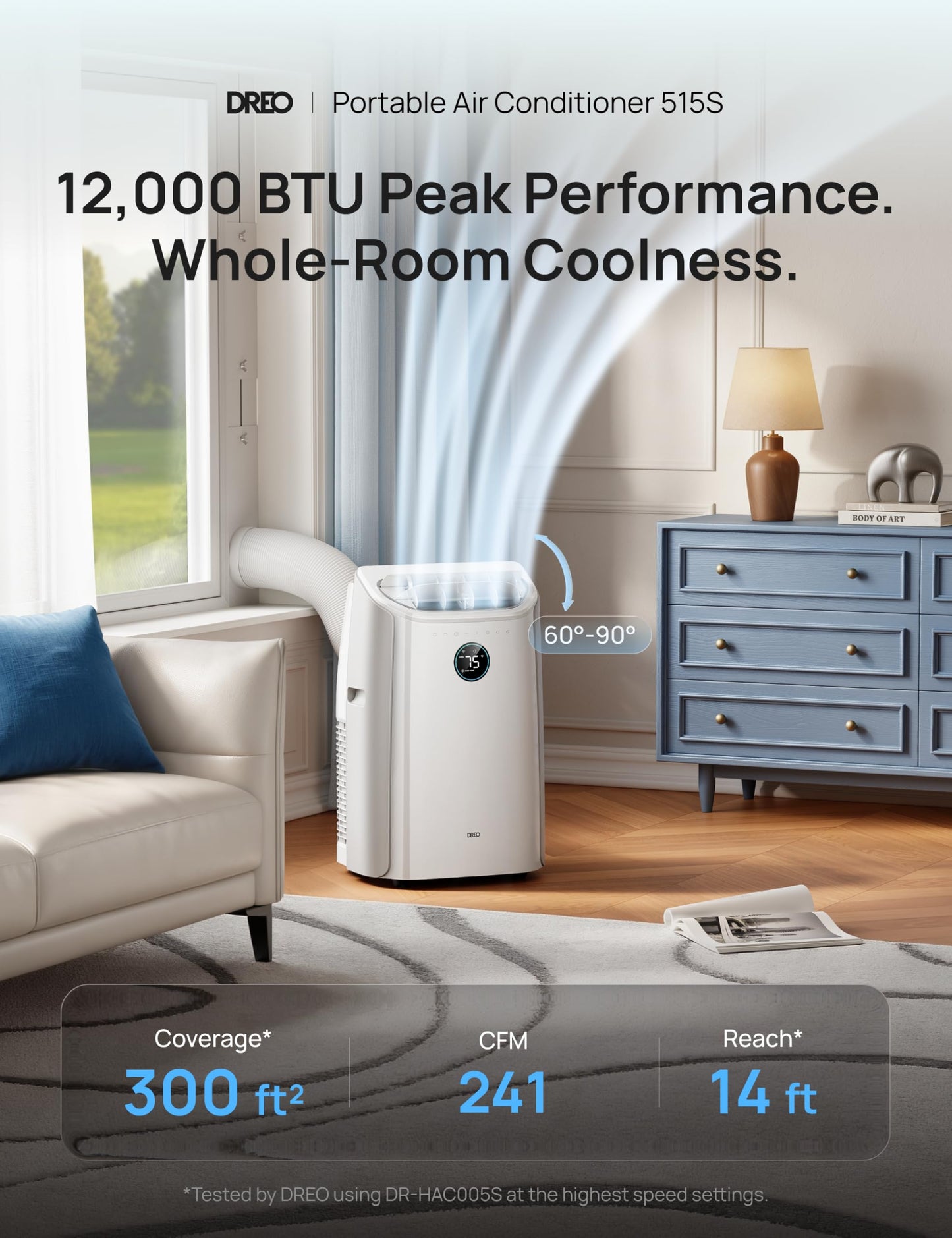 DREO Portable Air Conditioner 515S, 12000 BTU ASHRAE (8000 BTU DOE) Smart AC Unit for Bedroom with Drainage-free Cooling, Fan&Dehumidifier 3 in 1, APP/Voice/Remote, Quiet Standing AC for Room Indoors