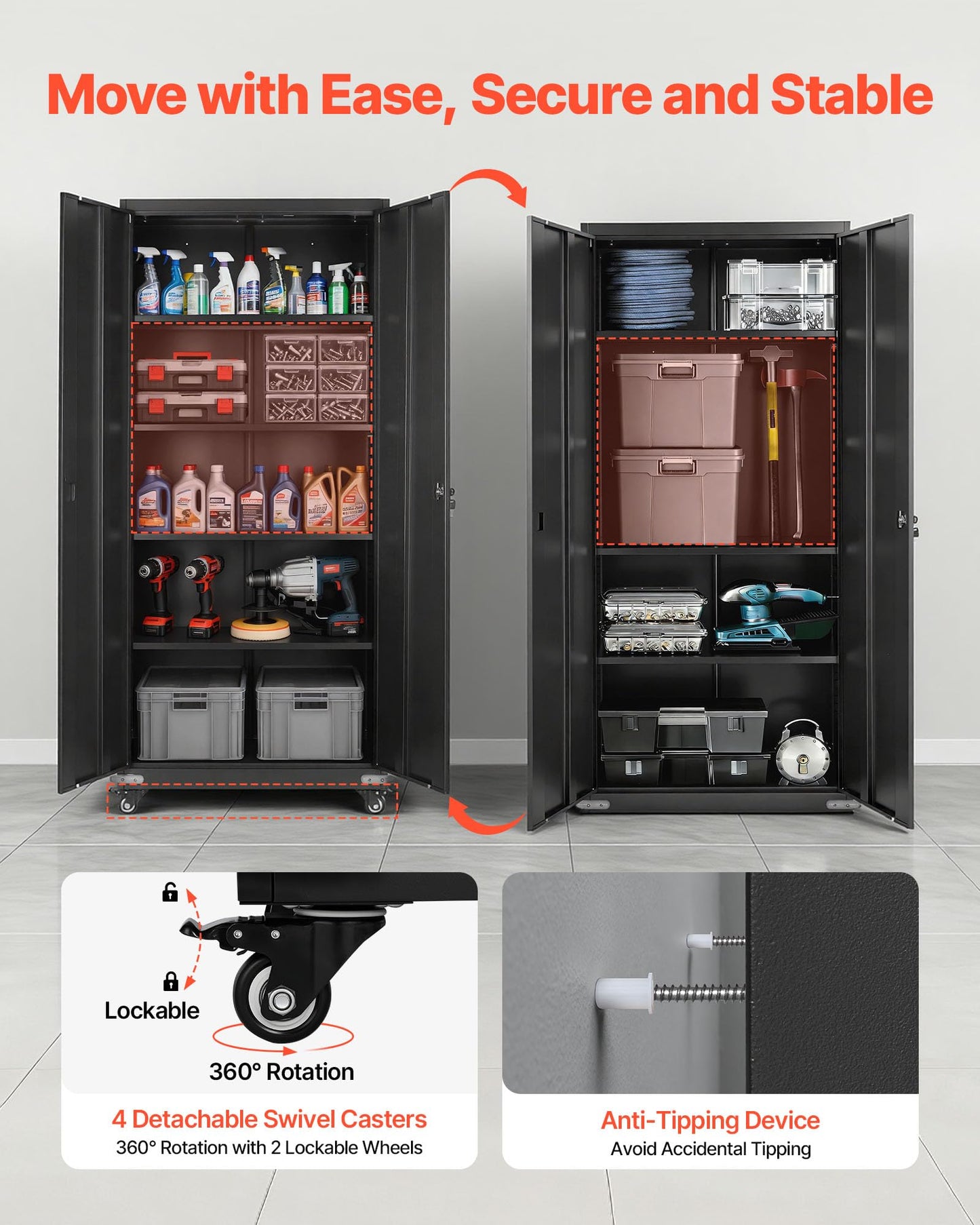 VEVOR Metal Storage Cabinet, 72.6 in Rolling Steel Garage Cabinet with 4 Adjustable Shelves, 2 Magnetic Doors & 2 Keys, 5 Tiers Lockable Tool Storage for Pantry, Warehouse, Basement, Office, Black
