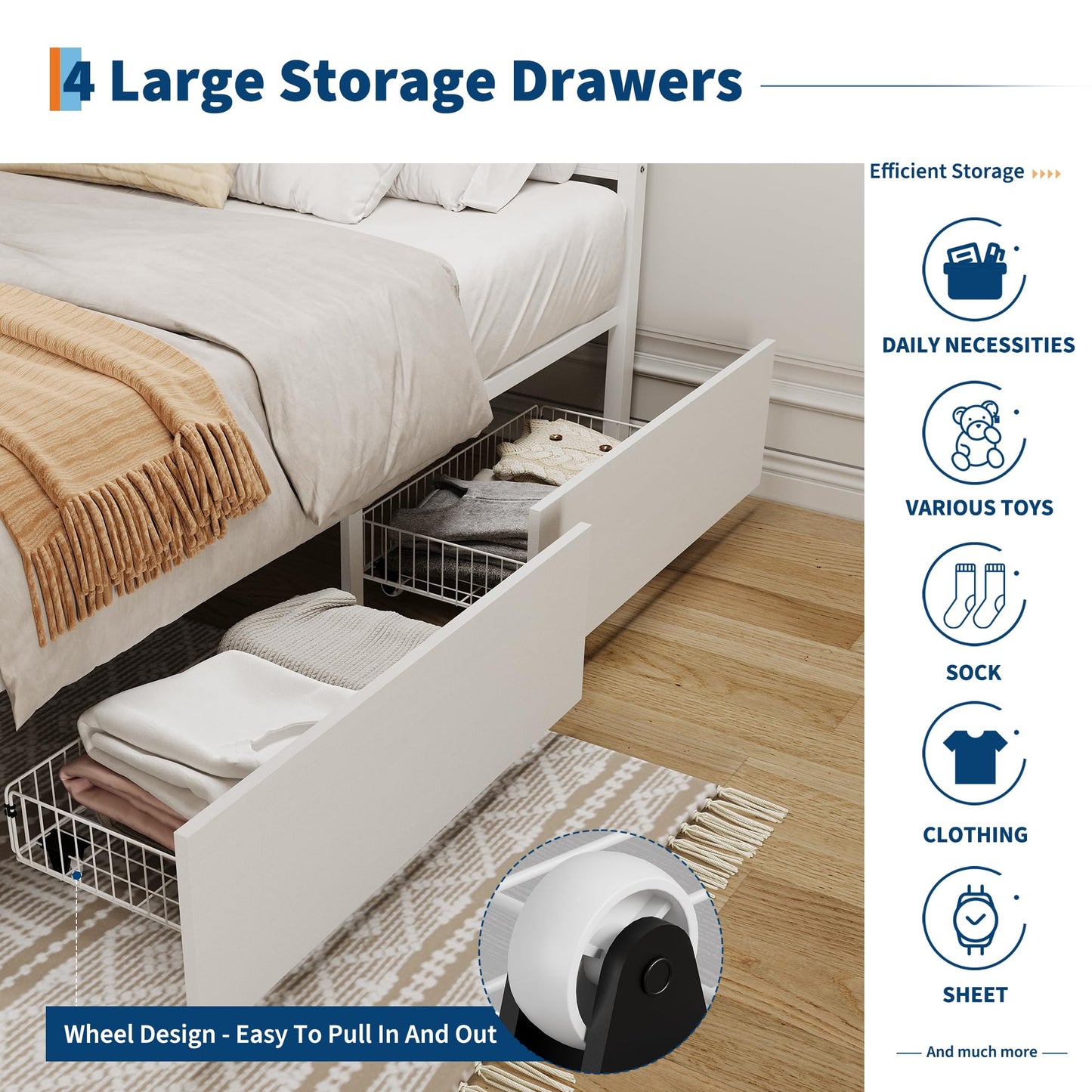 GarveeHome White Rattan Bed Frame with Headboard, Boho Cane Platform Full Size Bed Frame with 4 Drawers, Strong Metal Slats Support, Noise Free, No Box Spring Needed