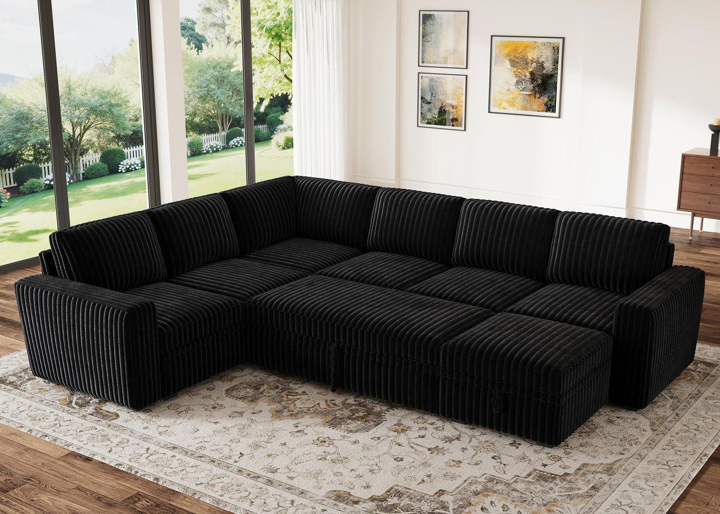 HONBAY Modular Sectional Sleeper Sofa with Pull Out Bed,Corduroy U Shaped Couch with Storage, Sectional Couches for Living Room,Black