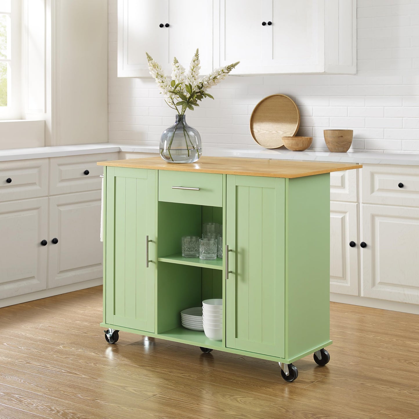 Crosley Furniture Stella Rolling Storage Cart and Kitchen Island with Shelves, Microwave Stand, Coffee Bar, Mint/Natural