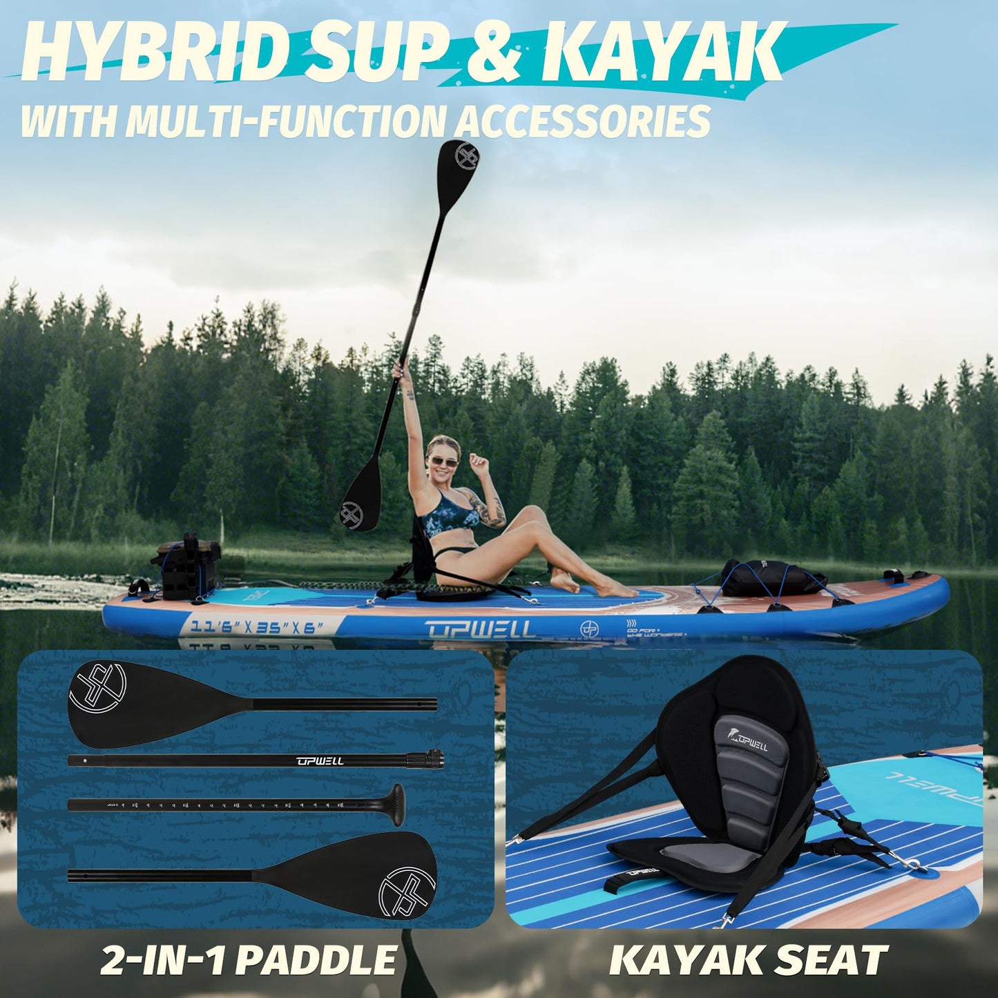 UPWELL 11'6"×35" Extra Wide Inflatable Paddle Board, Stand Up Paddle Board with Kayak Seat, Sup Paddle Boards for Adults, Cypress Blue