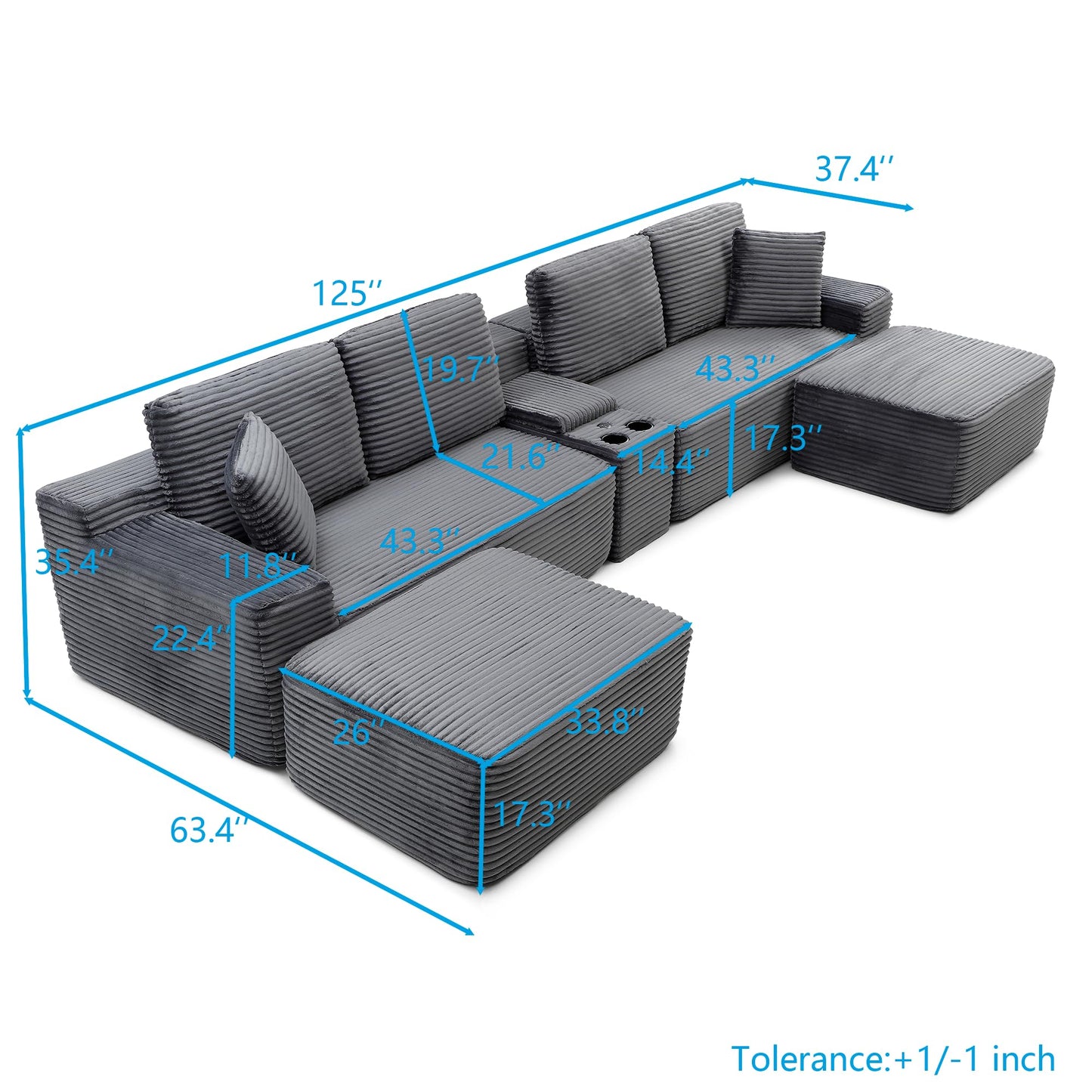 KEIKI 125" Corduroy Sectional Sofa with Two Ottomans, Upholstered Boneless Couch with Cupholders, USB Ports, Cloud Couch for Living Room, Bedroom, Office, Apartment, Gray