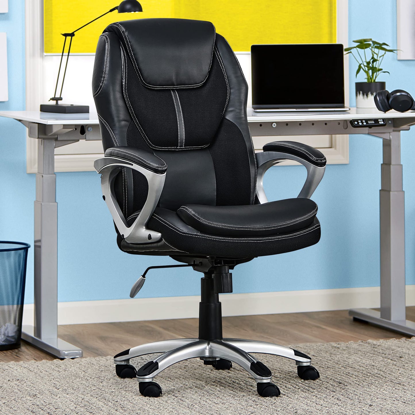 Serta Amplify Executive Office Chair with Faux Leather and Mesh, Adjustable Ergonomic Comfy Seat with Lumbar Support, Modern Computer DeskChairs, Swivel Rolling Wheels, Black