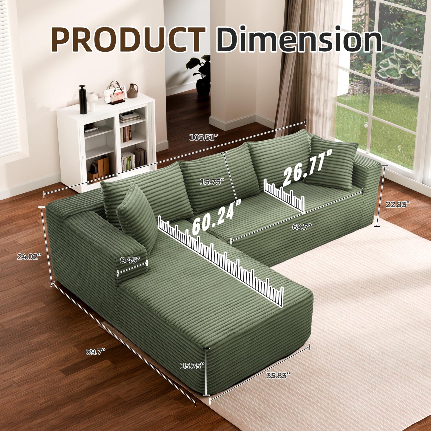 Topcomfy 106” Modular Sectional Sofa, Cloud Sectional Couch with High-Density Memory Foam, L-Shaped Boneless Sofa for Living Room, Pet-Friendly Corduroy Modular Couch, No Assembly Required Green