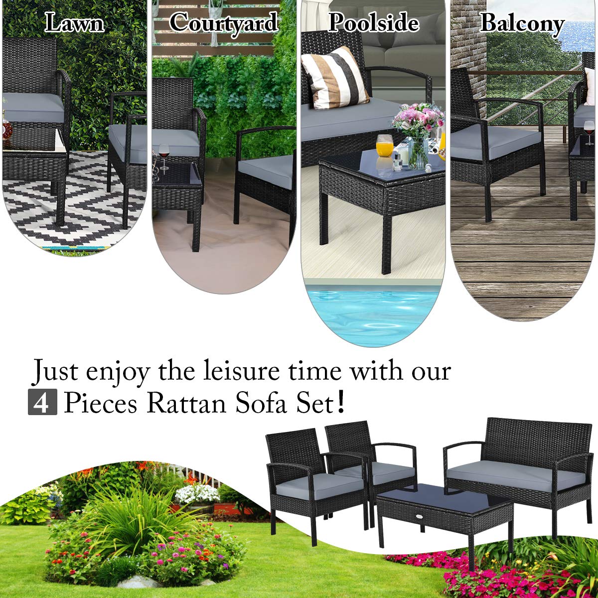 Tangkula 4-PCS Wicker Patio Conversation Furniture Set, Outdoor Rattan Chair and Table Set, Patio Furniture Sets with Coffee Table & Washable Cushions for Courtyard Balcony Garden (1, Black)