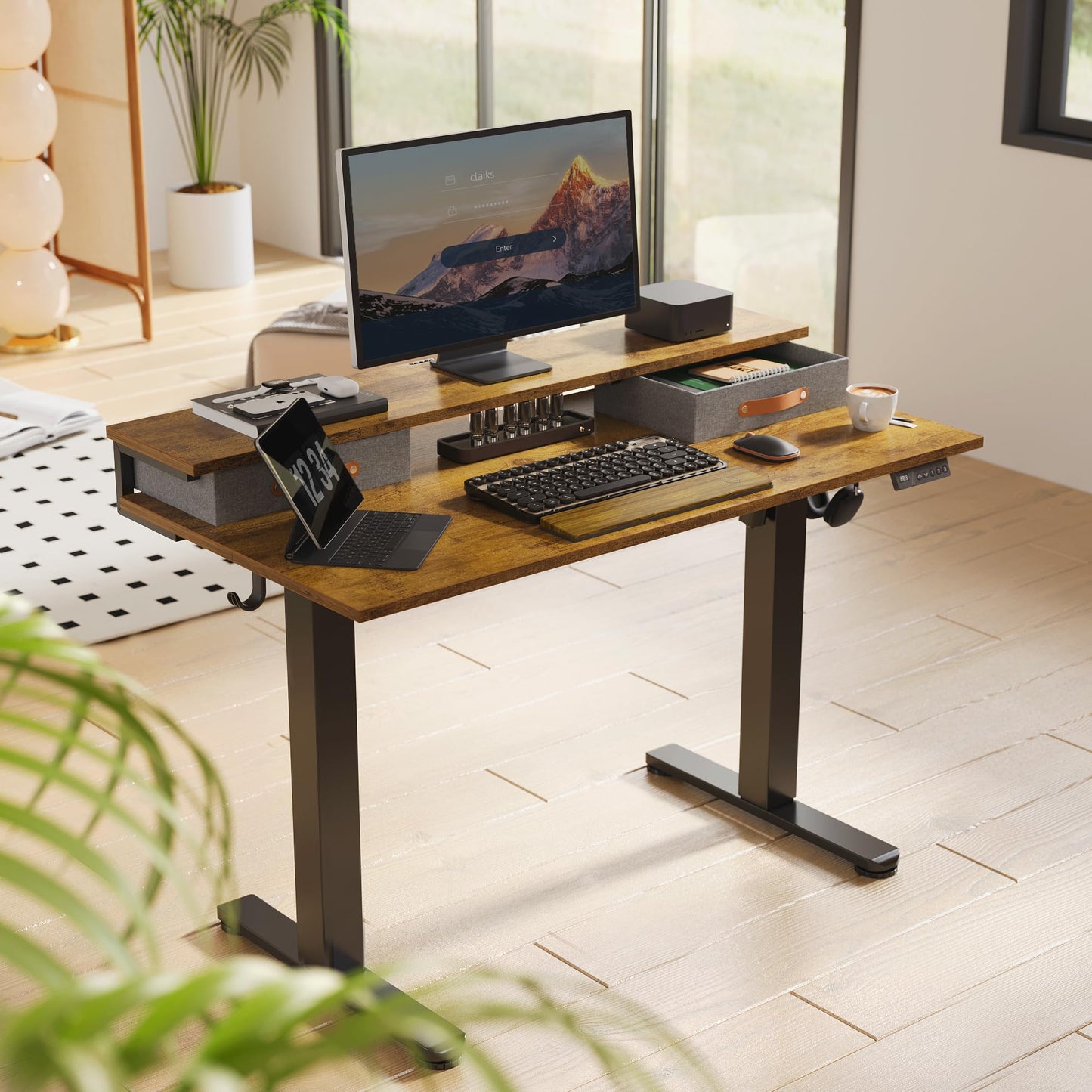 Seang Electric Standing Desk with 2 Drawers, Adjustable Standing Desk with Storage Shelf, Height Adjustable Stand up Desk for Home Office with 3 Presets & 2 Hooks, 55 Inch, Rustic Brown