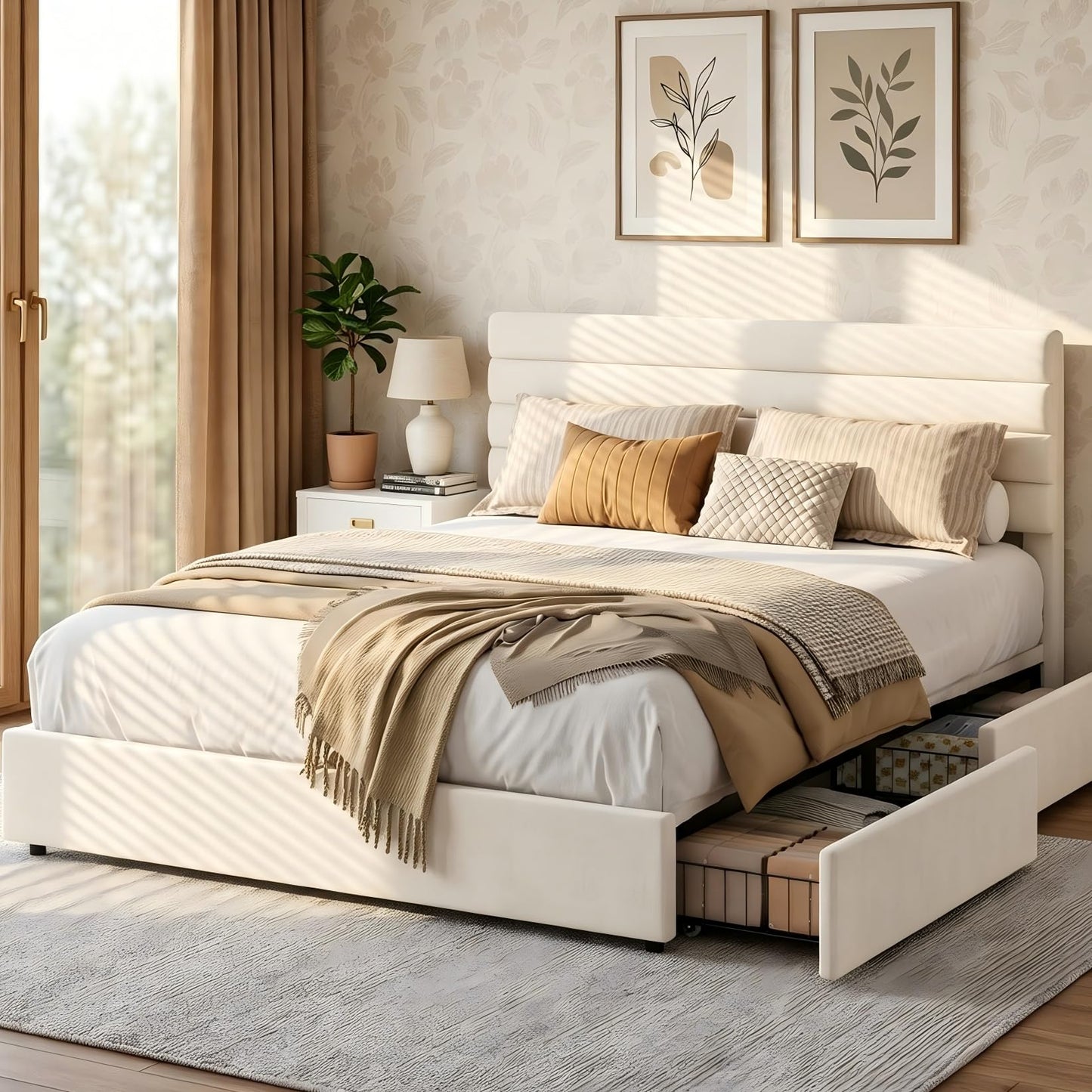 Garvee Queen Size Bed Frame, Velvet Upholstered Platform Storage Bed with 4 Drawers, Wooden Slats Support, No Box Spring Needed, Easy Assembly, Beige
