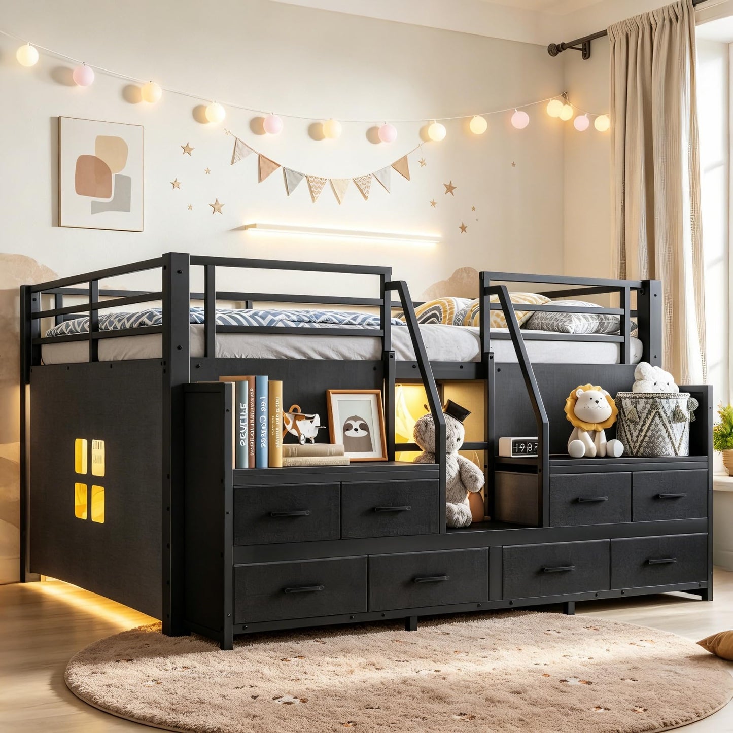 Bellemave Low Loft Bed Full Size with Storage Shelves & Fabric Drawers, Metal Full Loft Bed for Kids with LED Lights & Under-Bed Play Area, Low Loft Bed Frame for Bedroom, No Box Spring Needed, Black