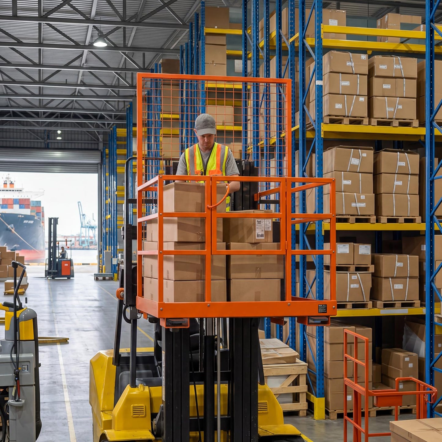 VEVOR Forklift Safety Cage, 48.2 x 45.2 Inch Heavy Duty Forklift Man Basket, 1400 lbs Capacity Collapsible Work Platform Lift Basket with Safety Harness & Lock, for Most Aerial Jobs Lifting Loader