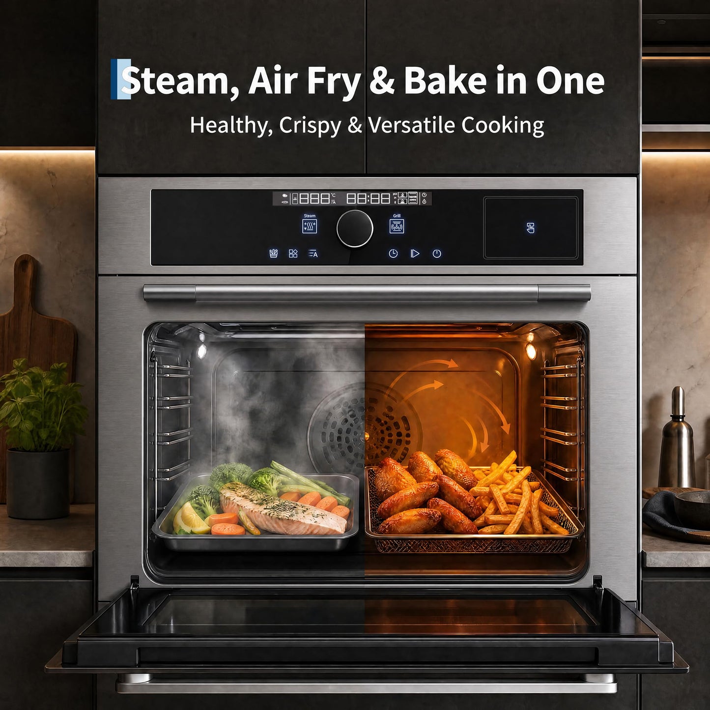 Garvee 24 Inch Built-in Single Wall Oven, 2.5 Cu. ft. Electric Oven, 3000W Power, 5 Cooking Functions, Touch & Mechanical Knob Control, Double Layer Low-e Glass Door, ETL Certified, Silver