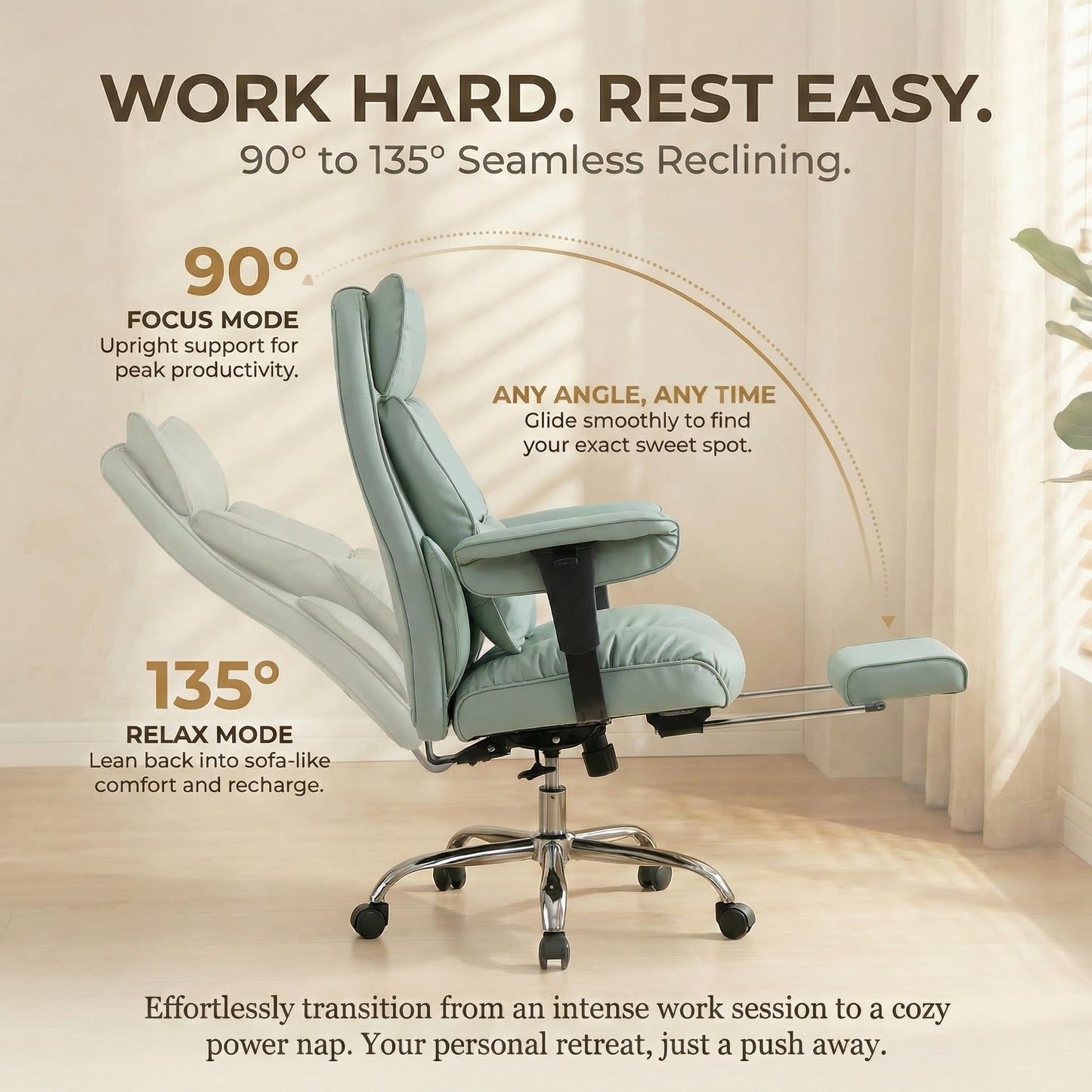 Efomao Big and Tall Office Chair 400lbs - Heavy Duty Reclining Desk Chair with Footrest, Spacious High Back PU Leather Executive Chair, Double-Layer Spring Support, Green
