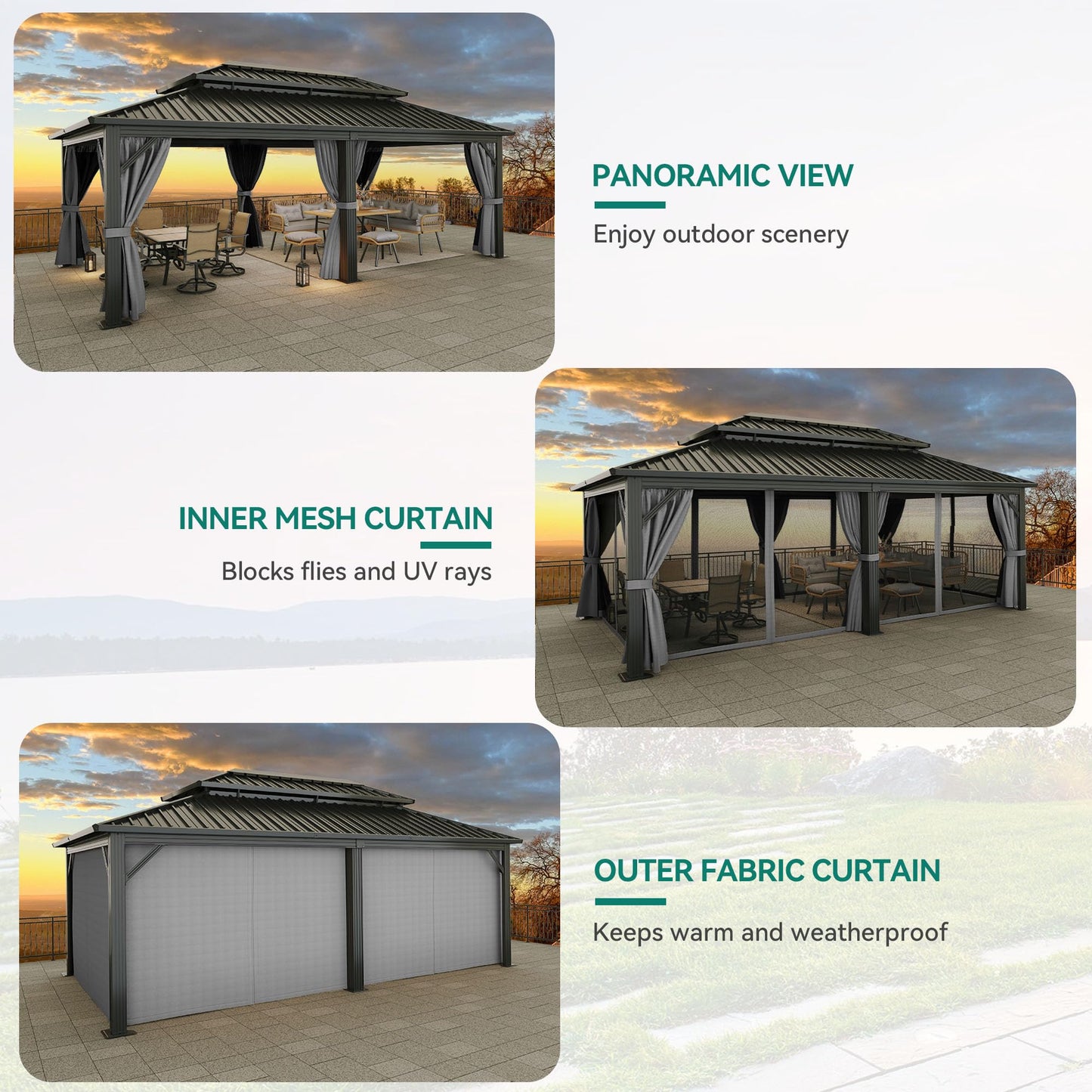 YITAHOME 12X20FT Hard Top Metal Gazebo Patios Double Roof Canopy Aluminum Frame Garden Gzebo Tent Curtains Netting for Patios Backyards Decks Lawns